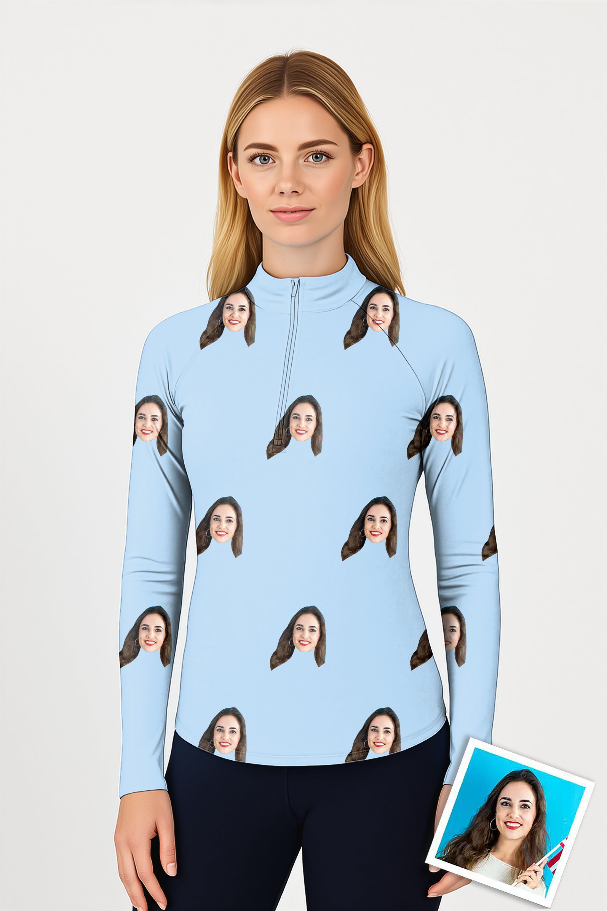 Custom Photo Funny Face Women's Golf Active 3/4 Zipper Top Long Sleeves