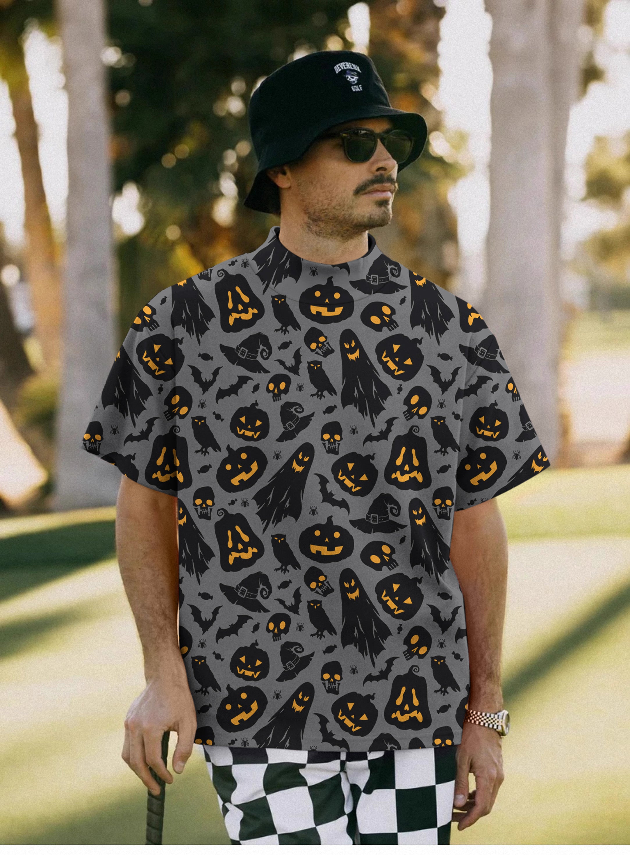 Men's Spooky Halloween Pullover High neck Long/Short sleeve T-Shirt