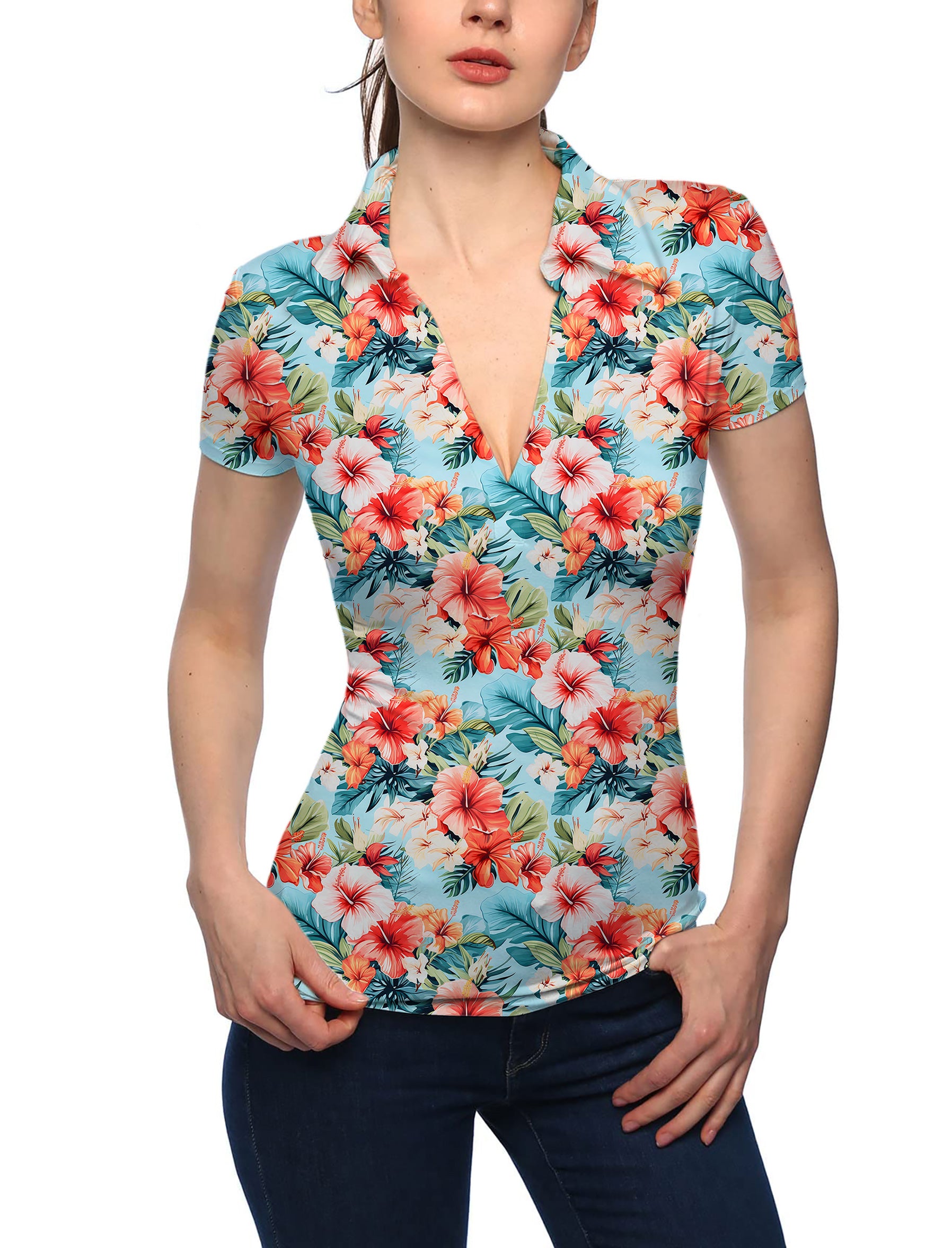 Women's Hawaiian Flowers V Neck Golf Polo