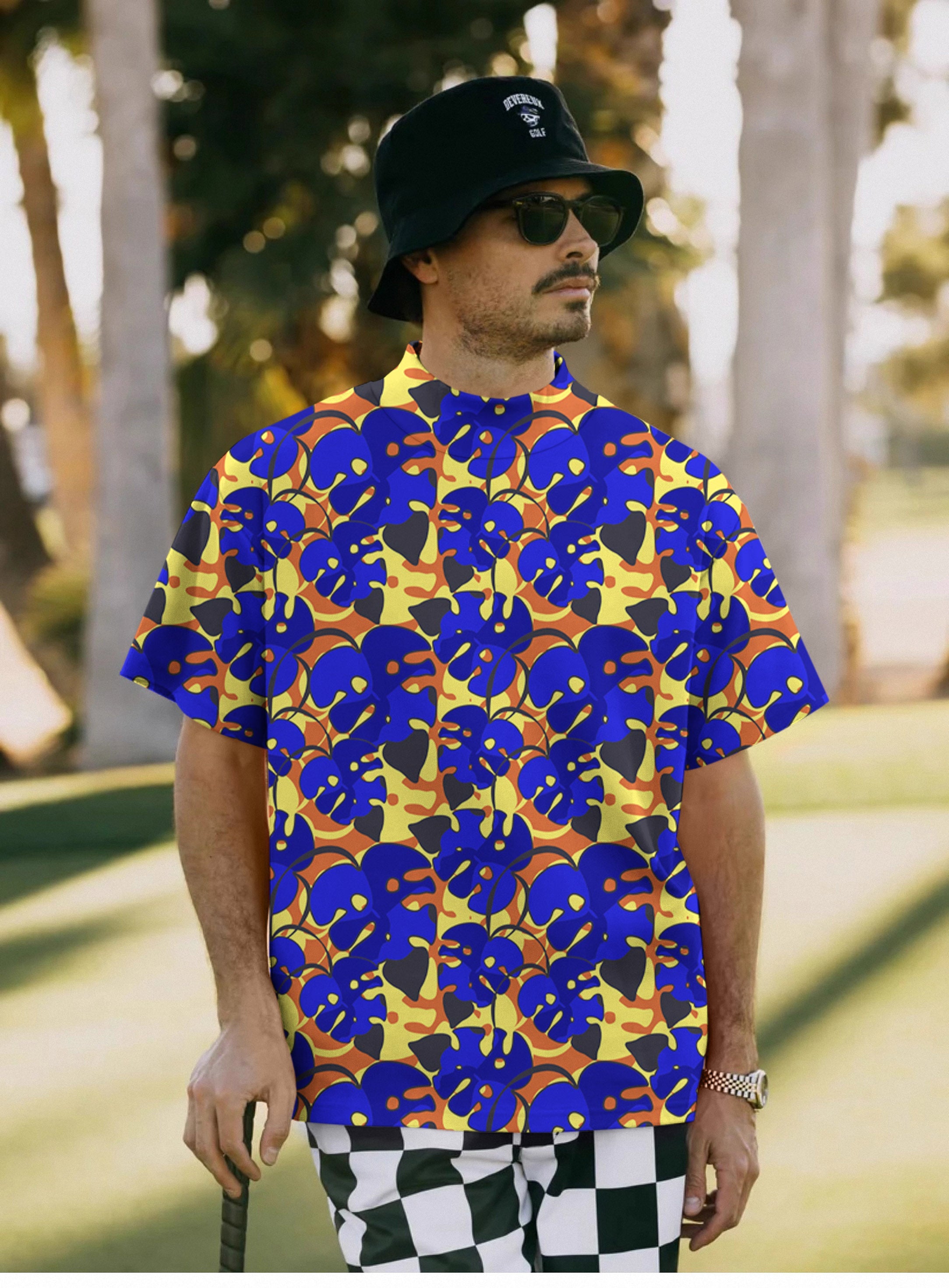 Men's tropical leaves and plants high neck pullover T-shirt.