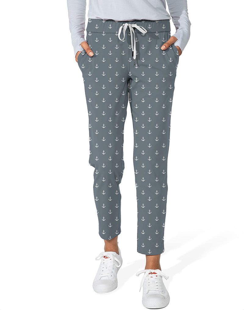 Gray Anchor Women's 7/8 stretch ankle golf pants with anchor pattern, elastic waistband, and side pockets.
