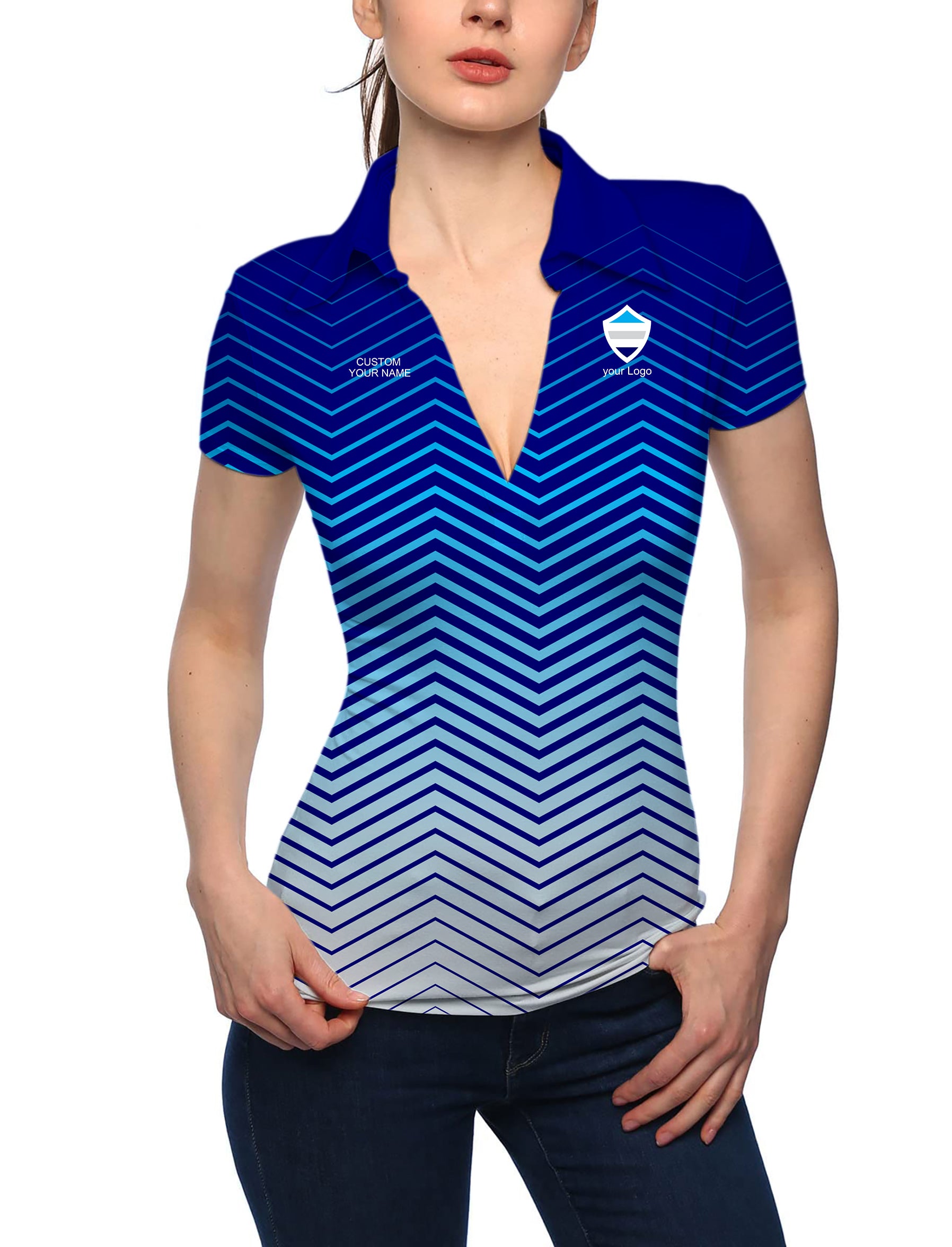 Women's blue white sport Team V Neck Golf Polo