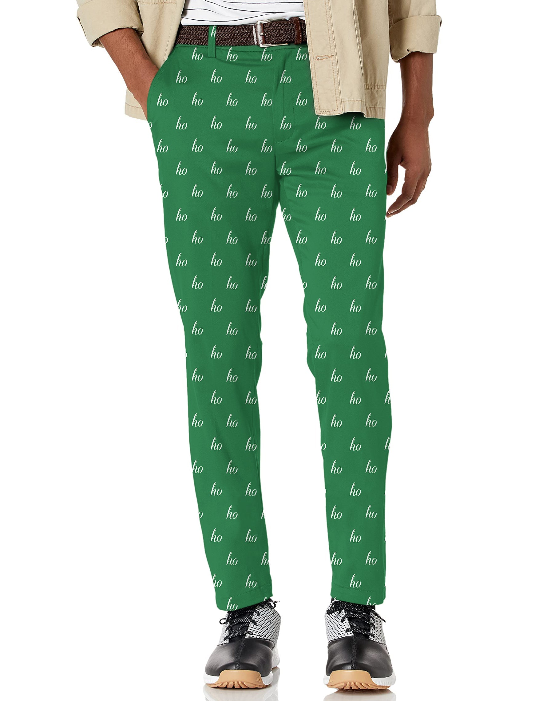 Men's green custom name Christmas stretch golf pants with moisture-wicking fabric and shirt-gripping waistband