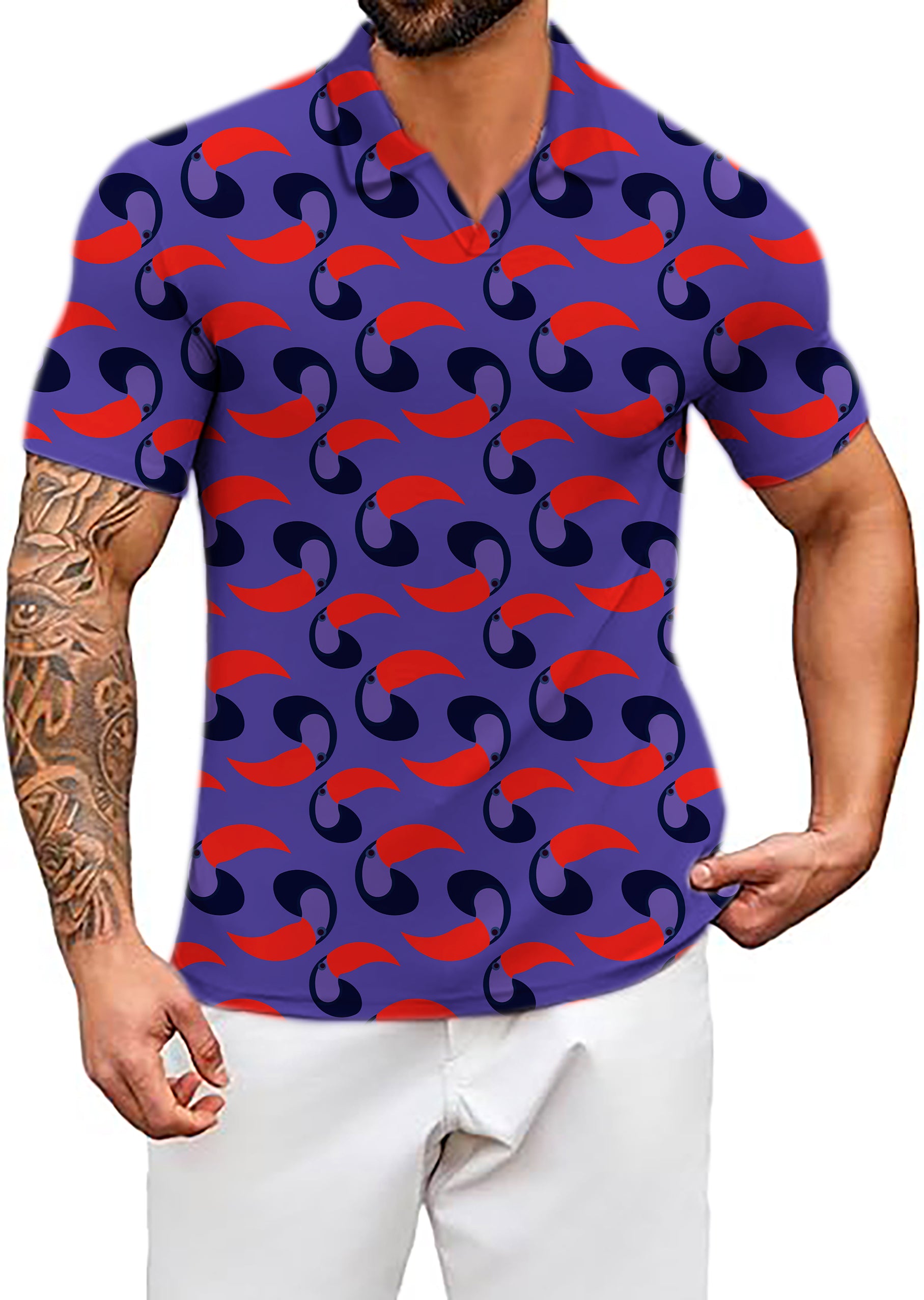 Men's purple toucan V Neck Golf Polo Shirts