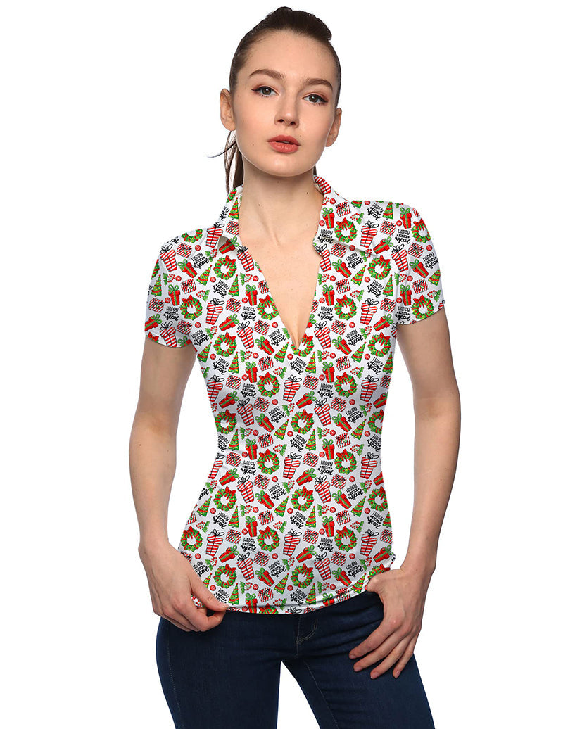 Women's Merry Christmas gift V-neck golf polo shirt with festive print and short sleeves