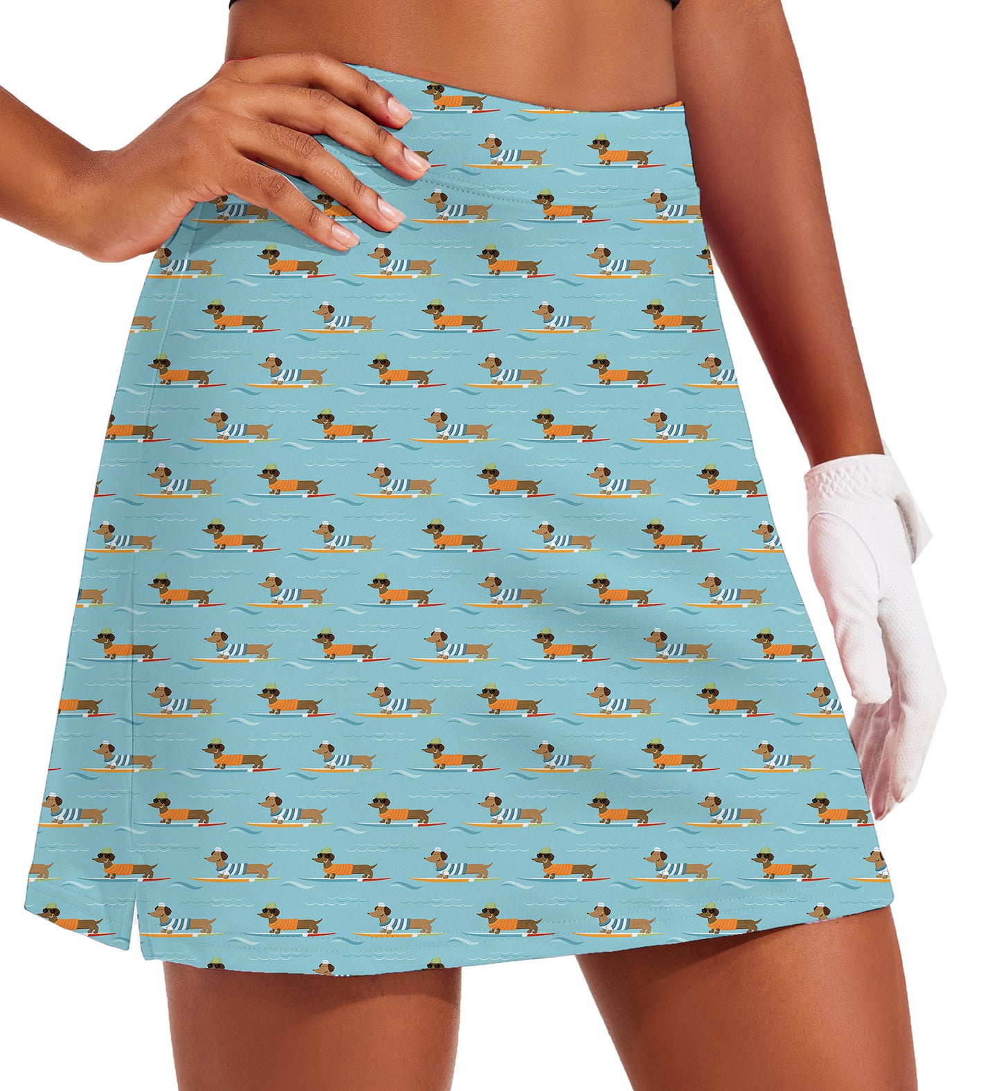 Women's Dachshund Surfing Golf Skirts Inner Shorts Pocket