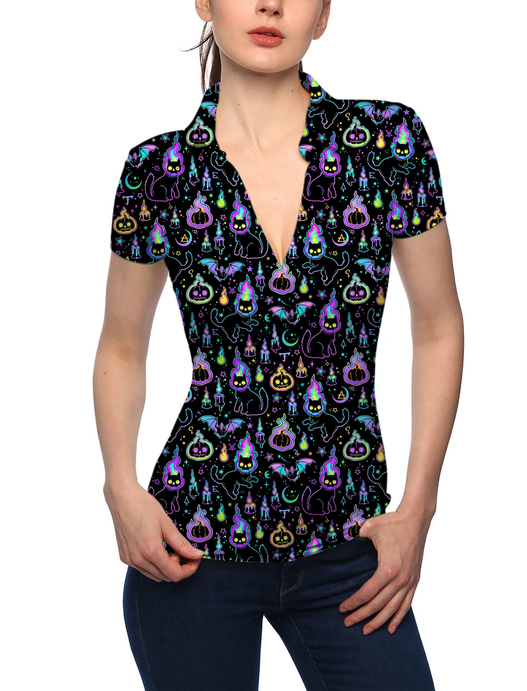 Women's Halloween Ghost Pumpkin Cat V Neck Golf Polo