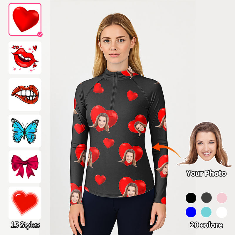 Valentine's Day custom photo black women's golf active 3/4 zip top with red hearts and personalized faces