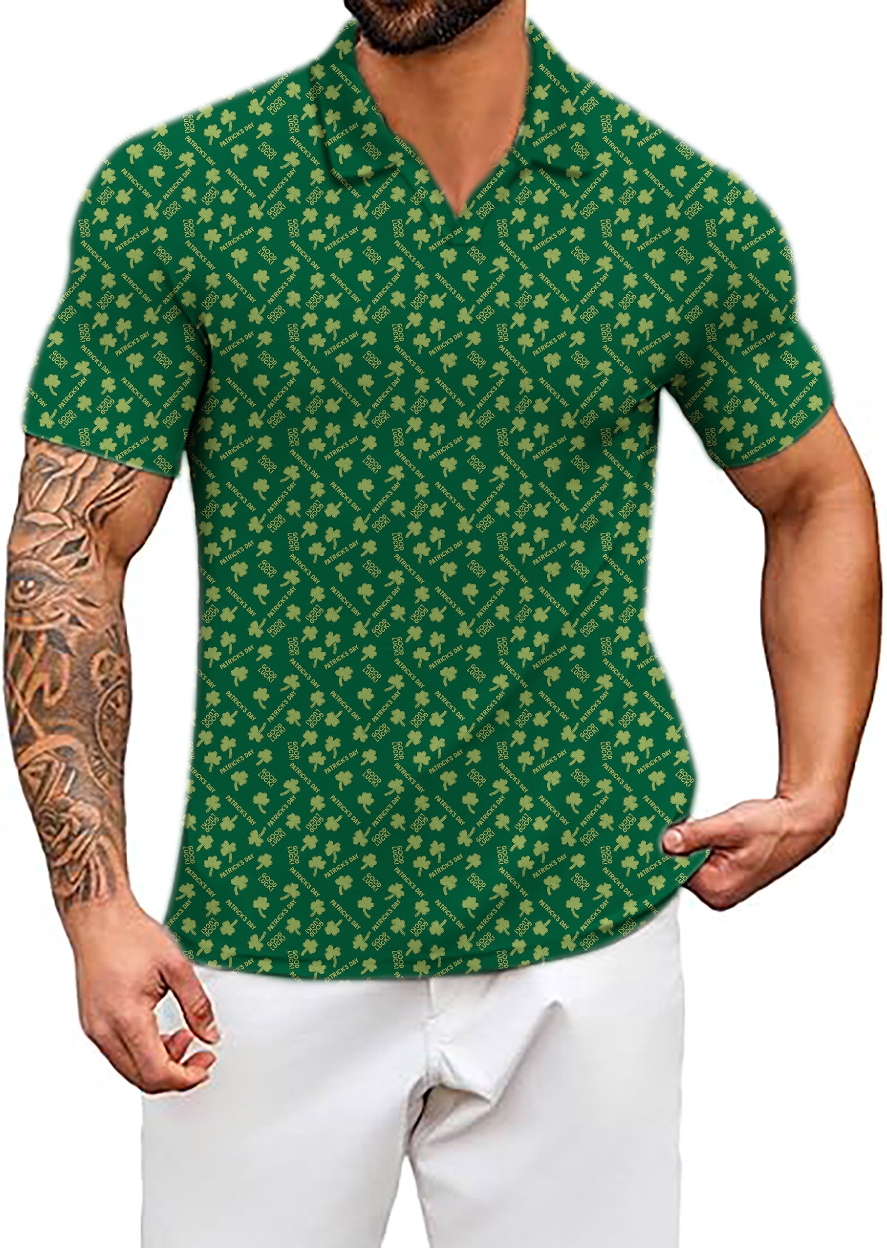Men's Leaf clover St. Patrick's Day V Neck Golf Polo Shirts
