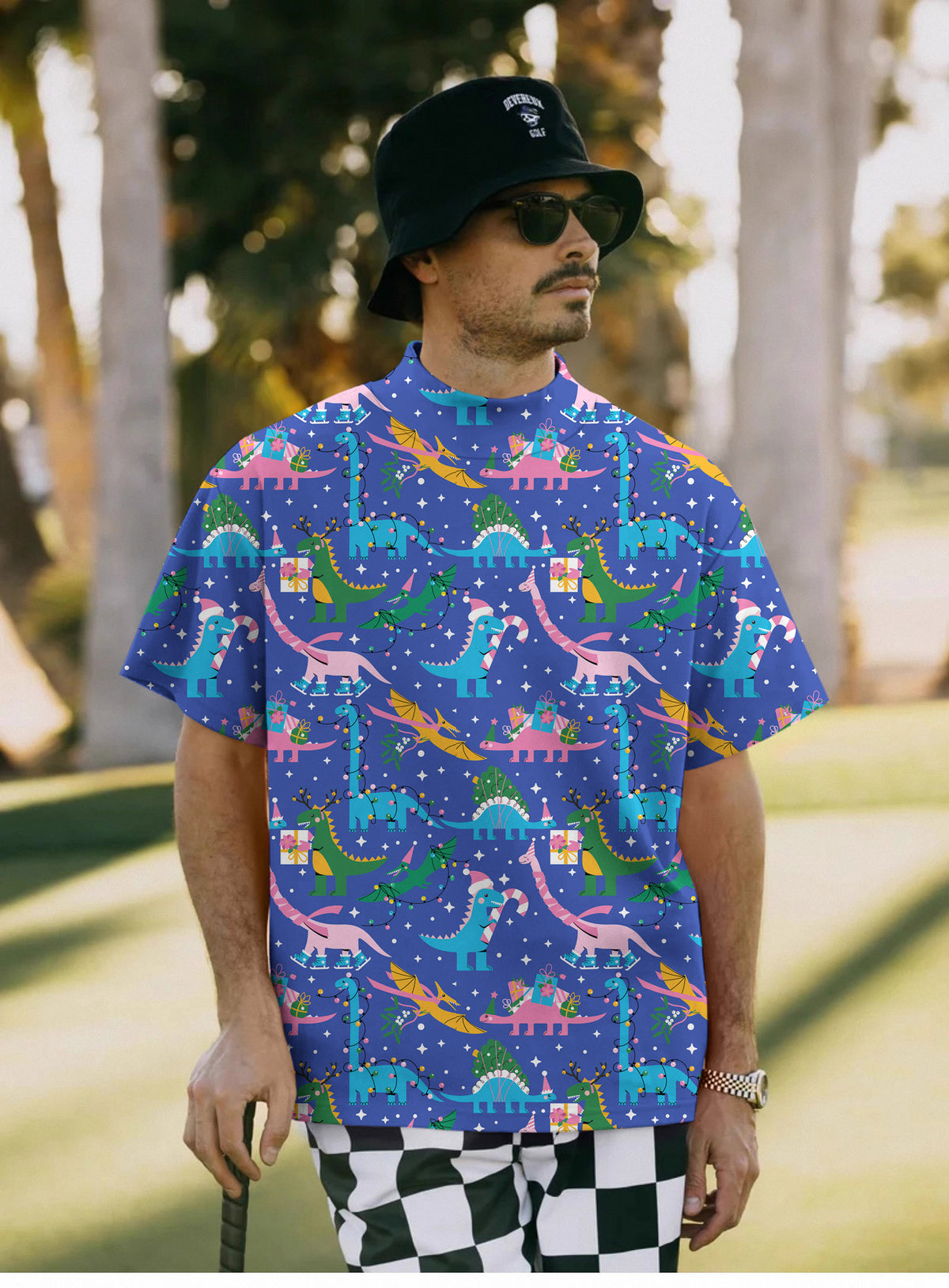 Men's Christmas Dinosaur Mock Neck Long/Short Sleeve Golf Tops