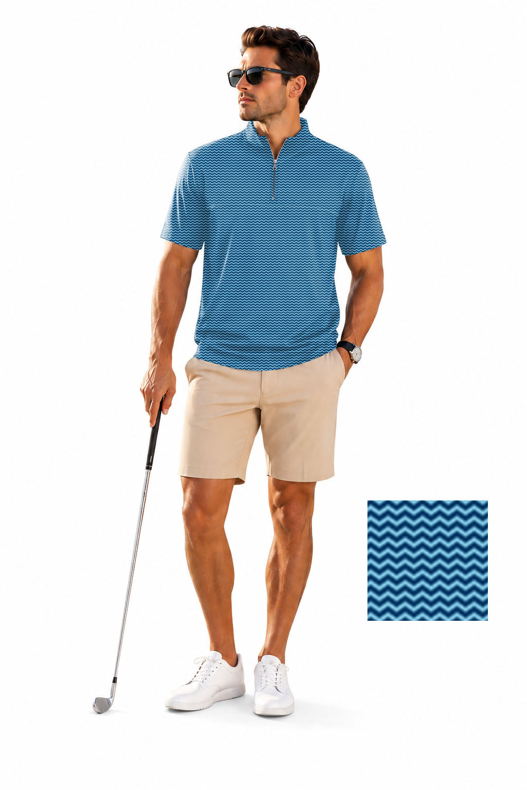 Men's Short Sleeve Quarter Zip Golf Pullover   Blue Waves Embroidery
