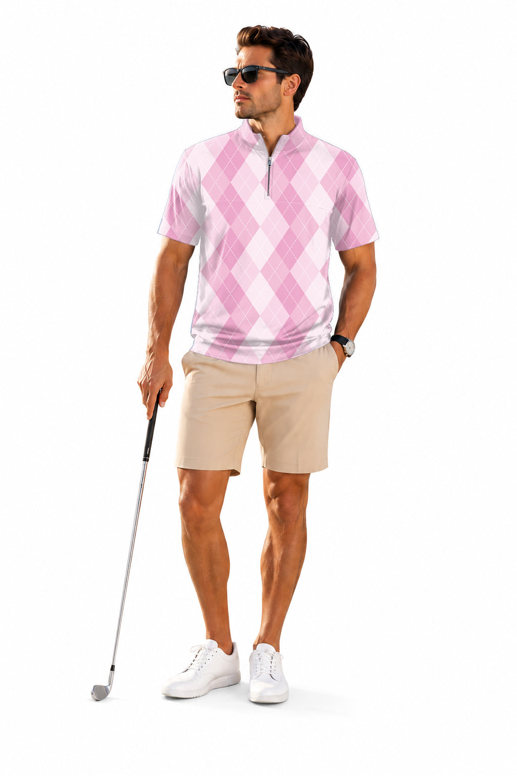Men's Short Sleeve Quarter Zip Golf Pullover  Pink Argyle Embroidery