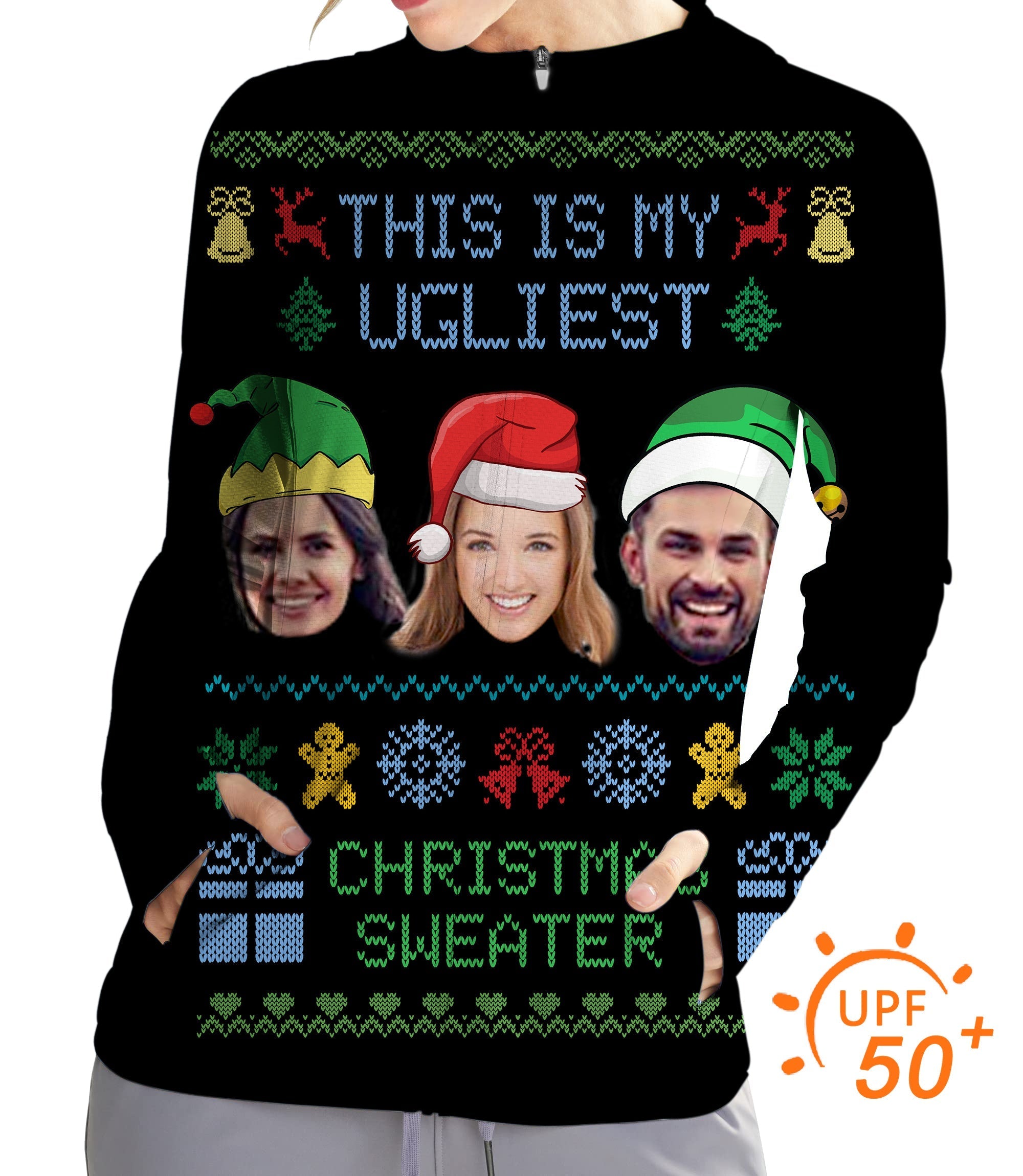 Women's outdoor black Christmas custom face golf sun protection slim fit zip hoodie with UPF 50+ for UV protection