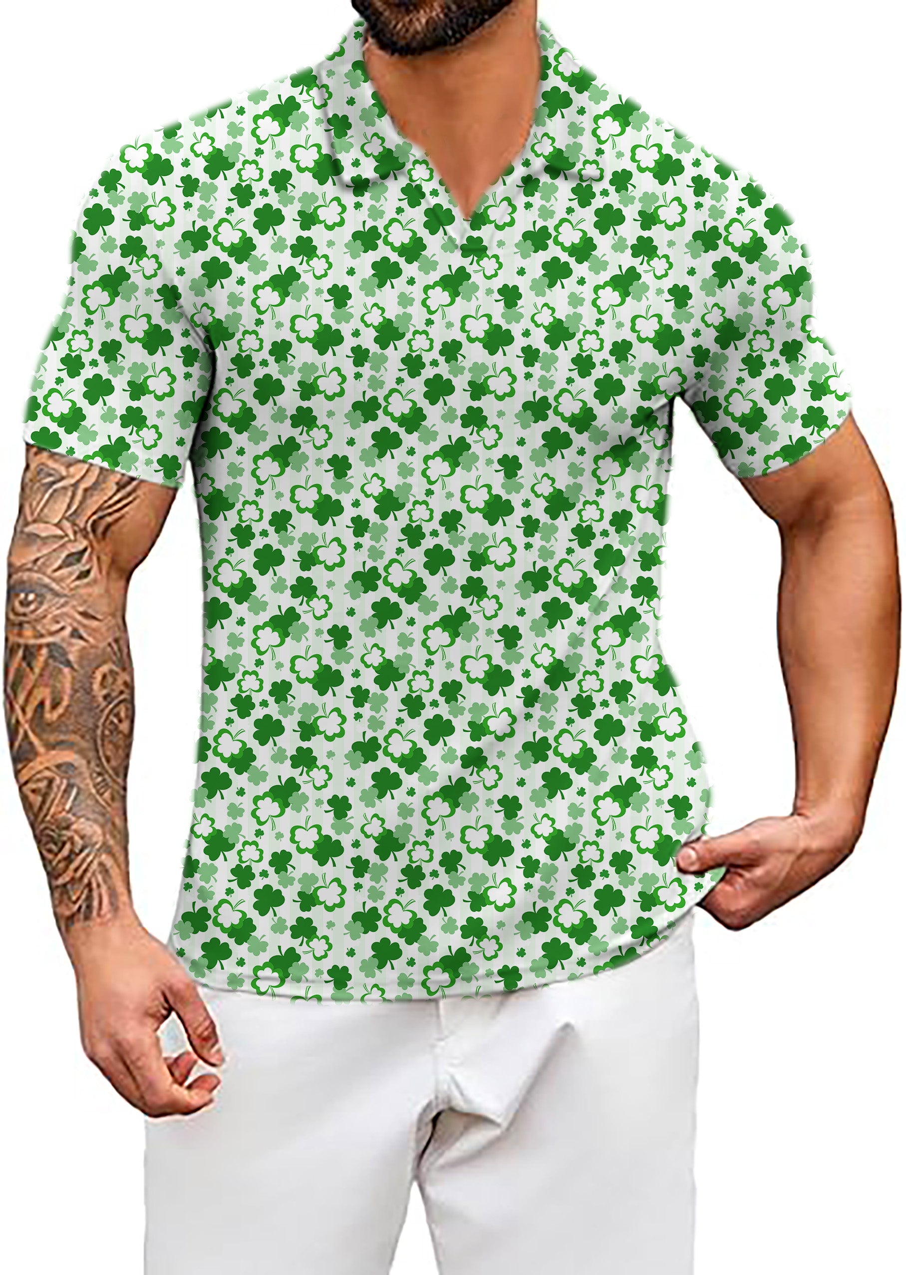 Men's Leaf clover St. Patrick's Day V Neck Golf Polo Shirts