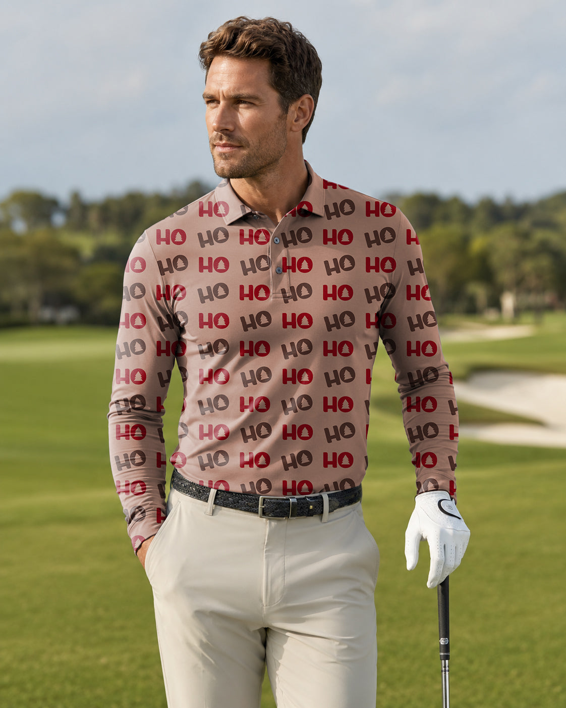 Men's Christmas Tree HO Long-sleeved Polo