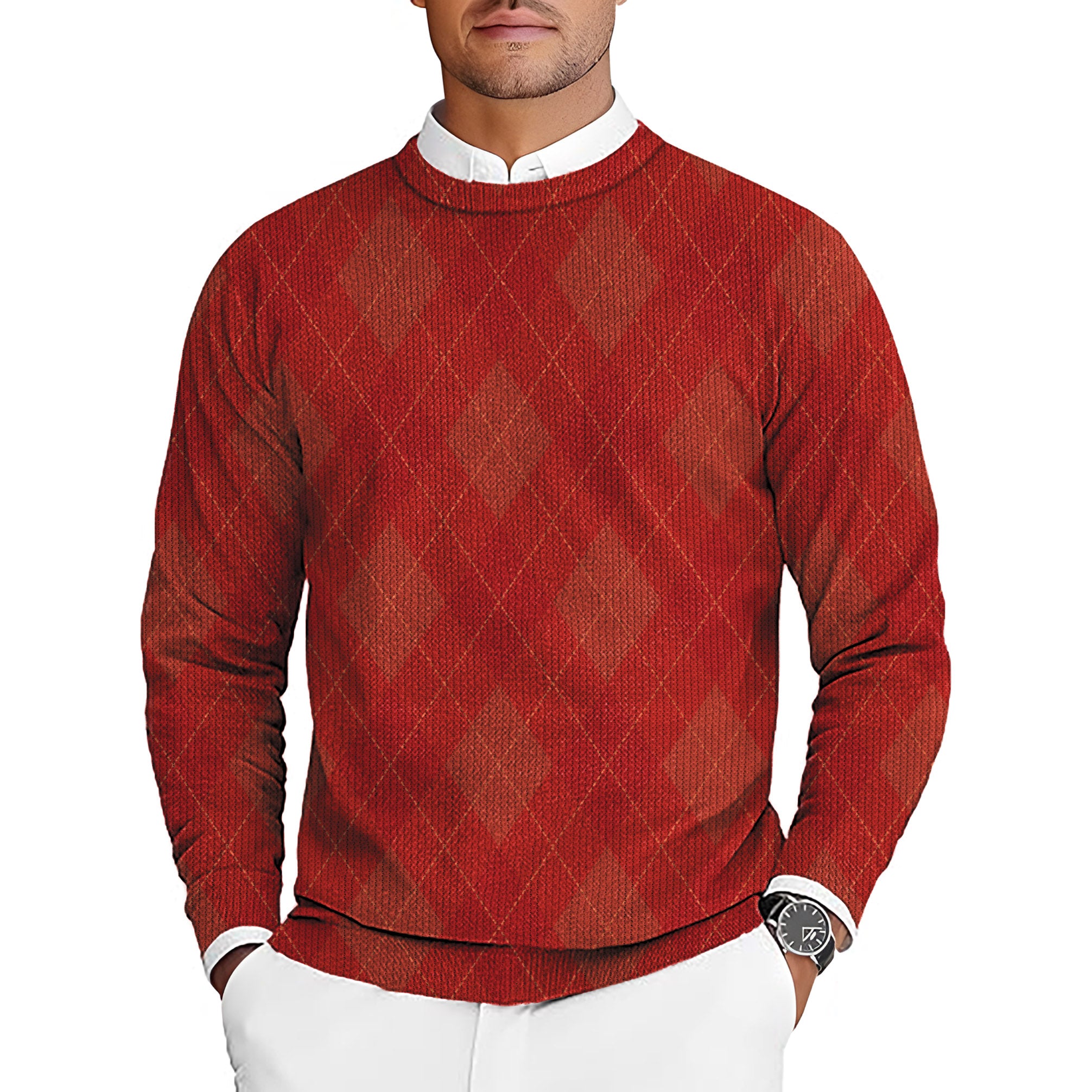 red Argyle Men's Golf Crewneck Pullover Sweaters Ugly Sweater