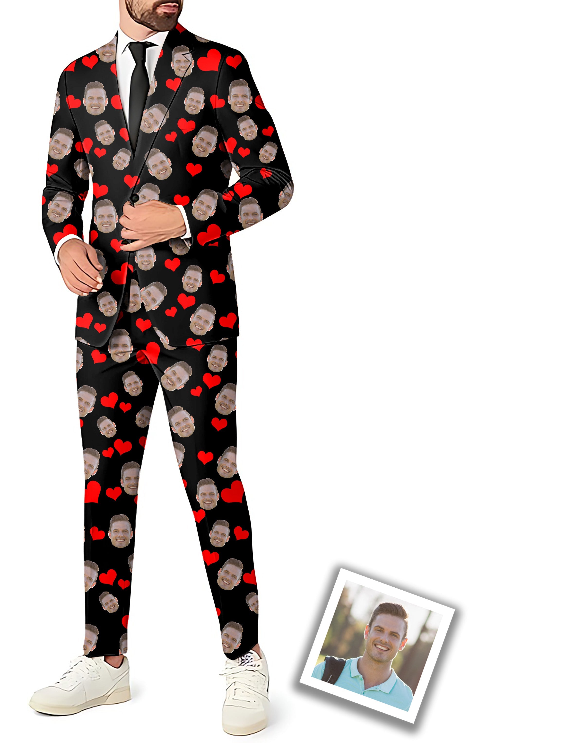 Custom red heart photo men’s party suit with blazer, pants, and vest featuring personalized funny face pattern