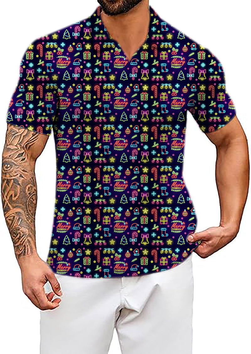 Men's Coconut Palm navy blue ink dots neon Merry Christmas shirt with four-way stretch and UPF 40+ protection