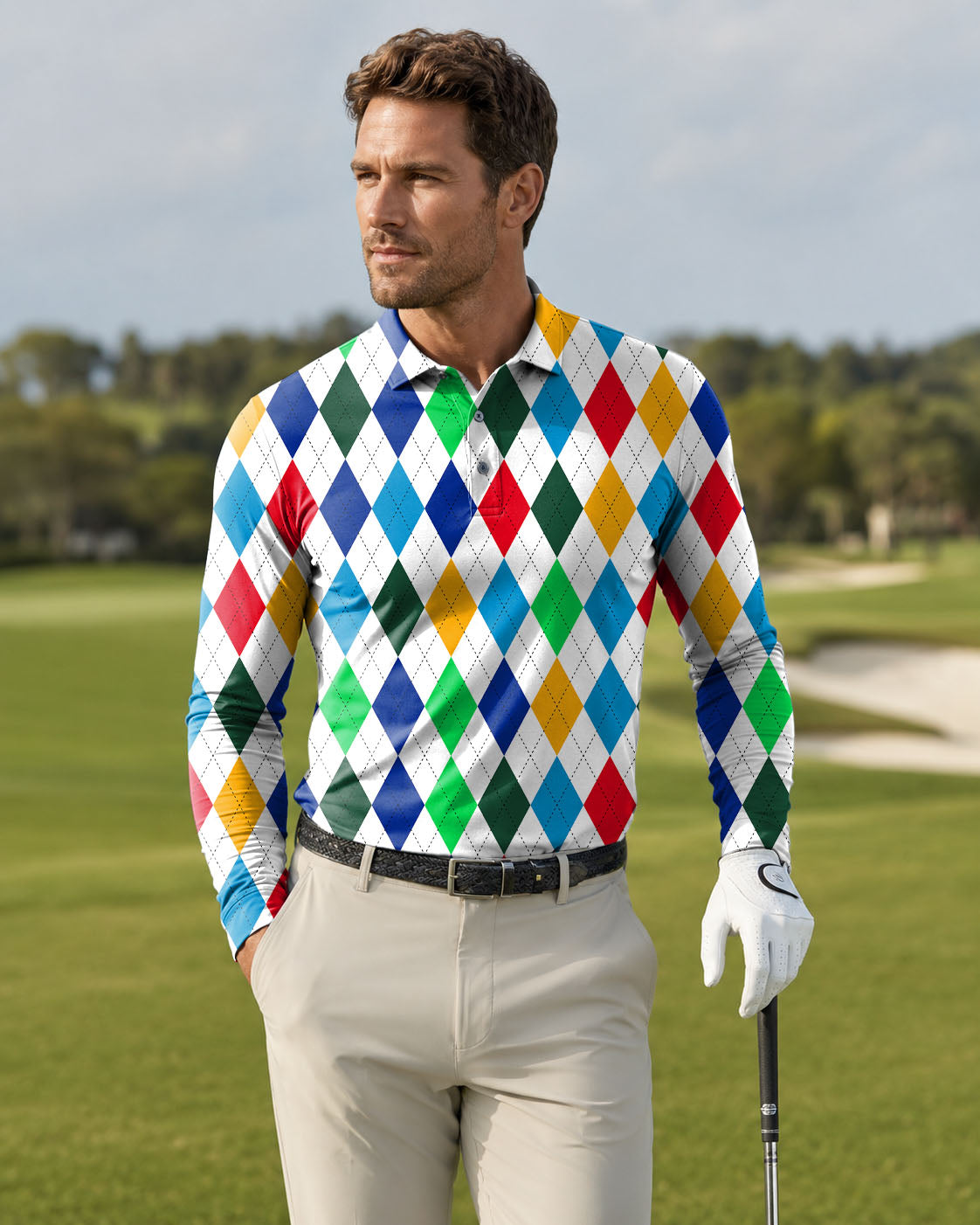 Men's  Argyle Colorful Long-sleeved Polo