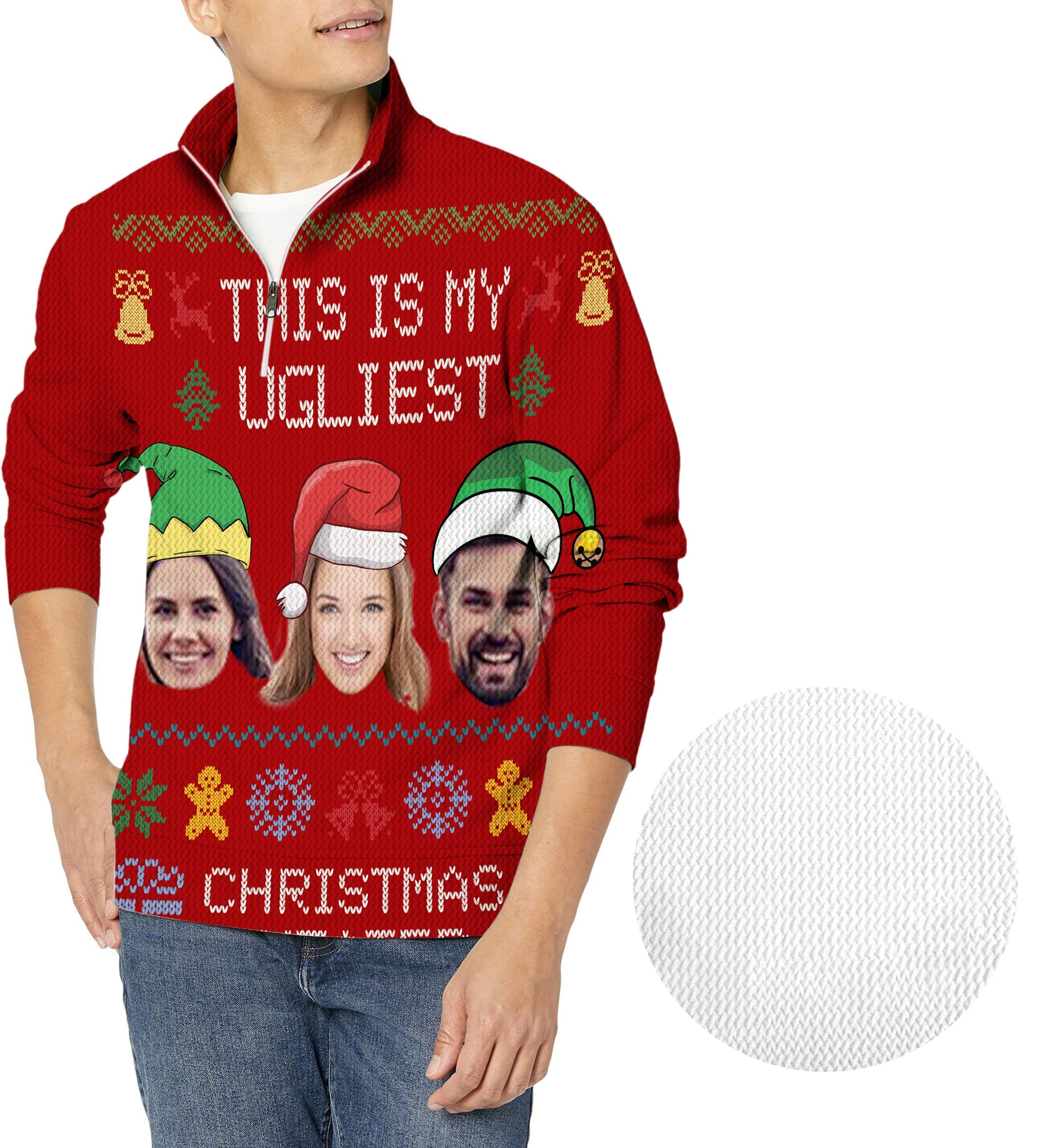 Red-Christmas Custom face men's golf waffle zipper pullover with personalized faces and holiday design