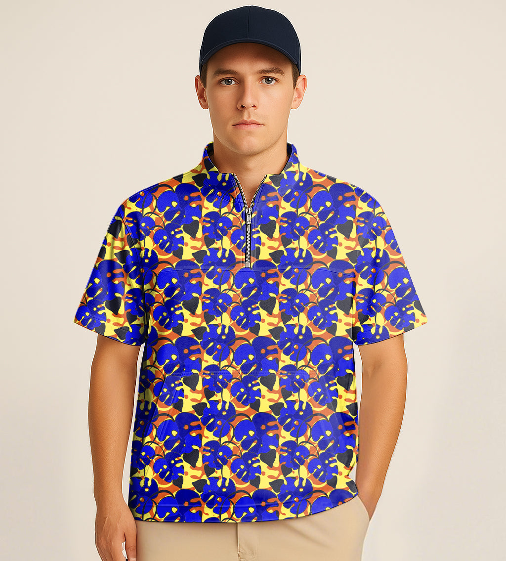 Half Zipper Turtleneck Golf Short Shirt tropical leaves and plants Embroidery