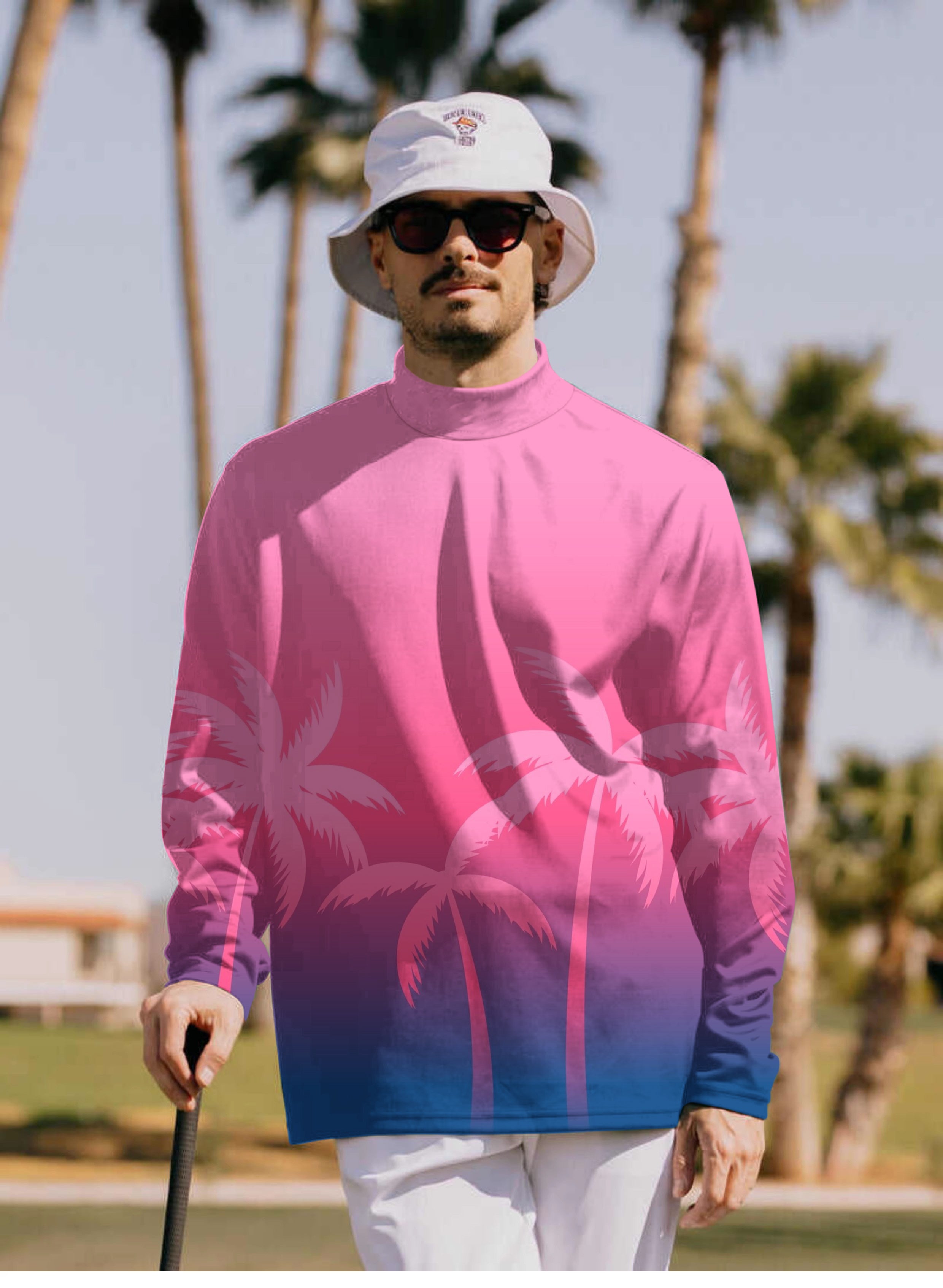 Men's Pink Palm Paradise Pullover High neck Long/Short sleeve T-Shirt