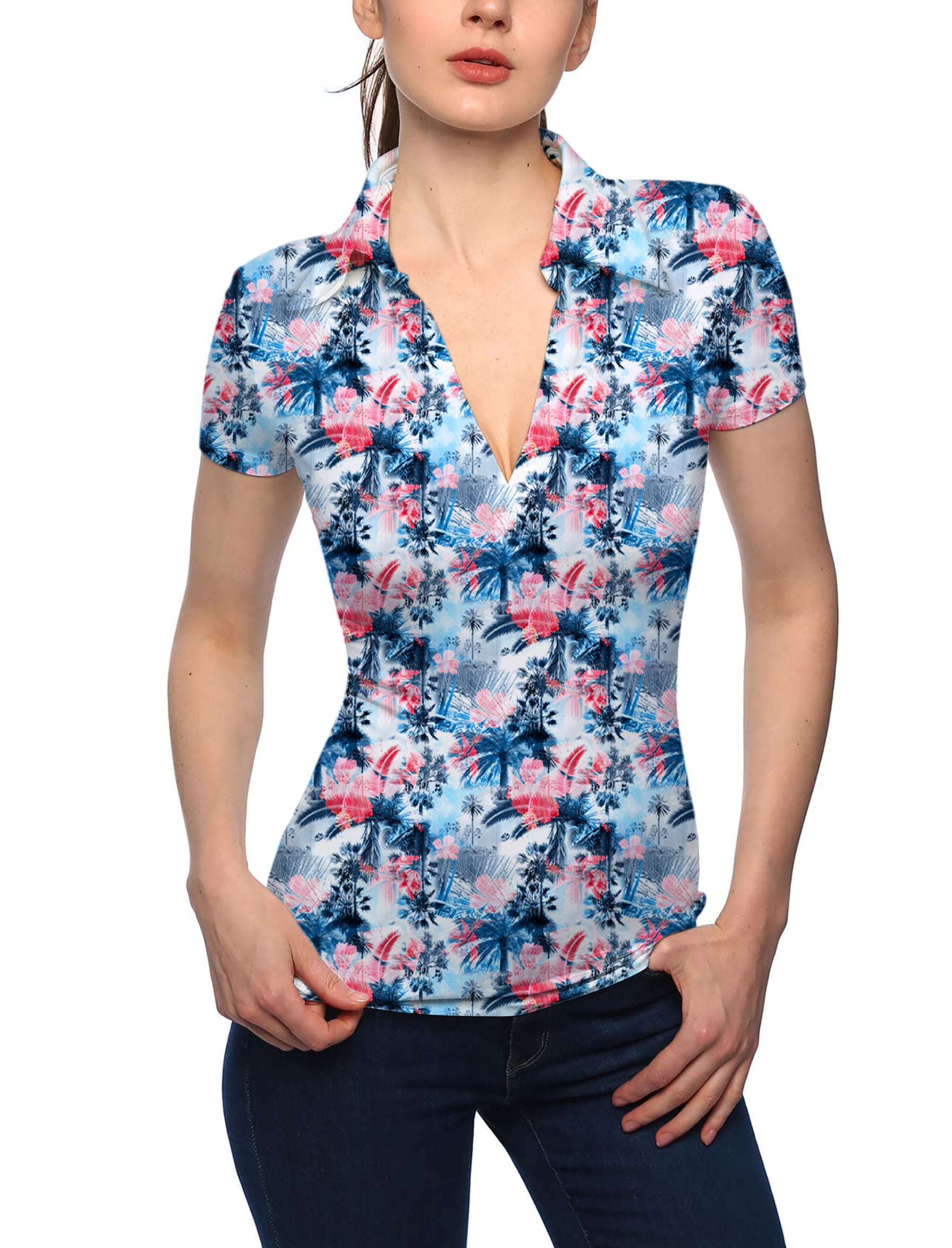 Women's Tropical Coconut Tree V Neck Golf Polo