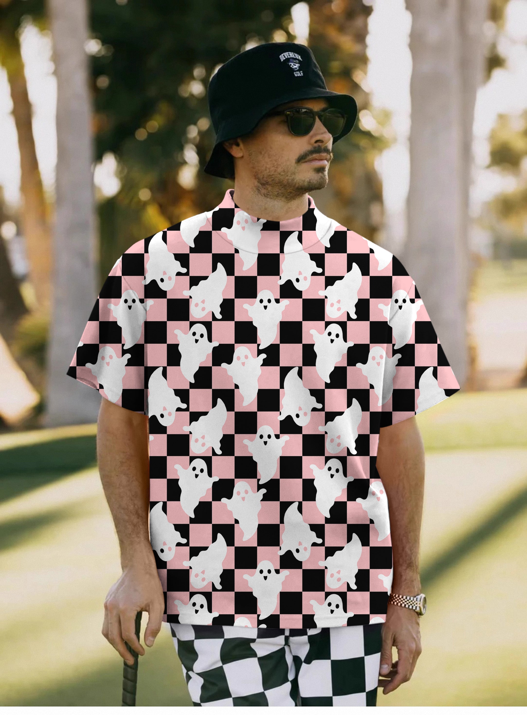 Men's Halloween Black and White Checkerboard Ghost Mock Neck Long/Short Sleeve Golf Tops