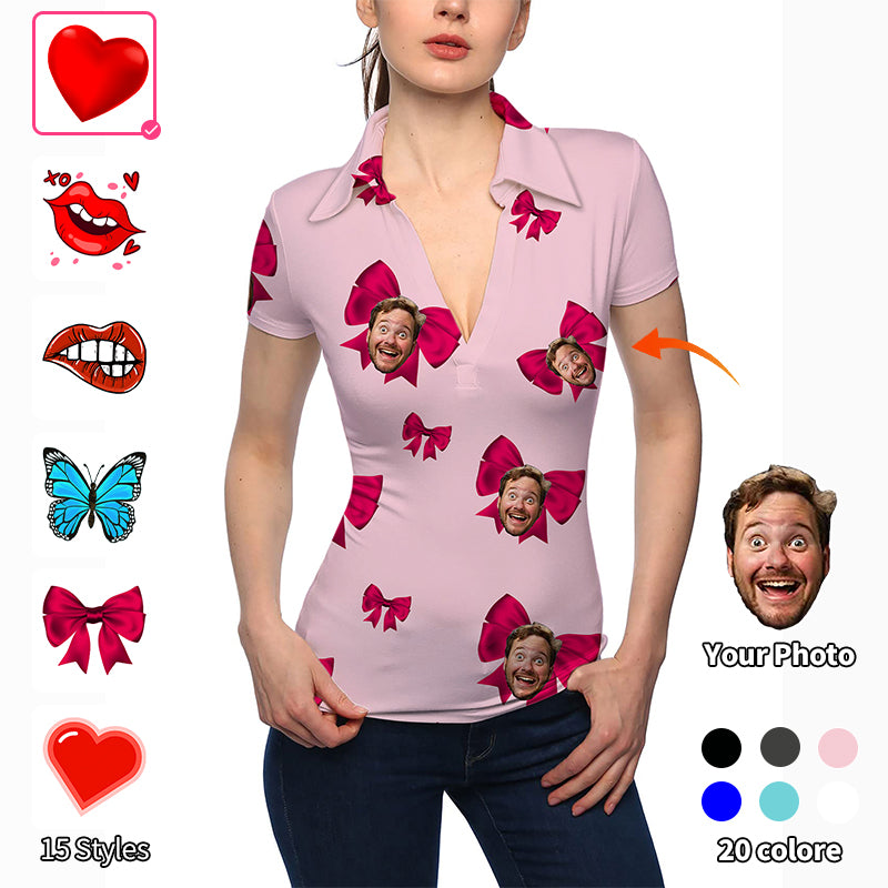 Valentine's Day Women's Custom Photo Face Custom Color Pink V Neck Golf Polo