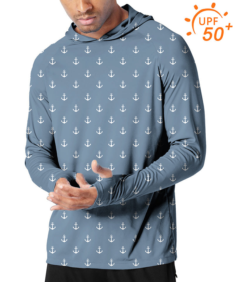 Men's outdoor gray blue anchor print slim fit hoodie with UPF 50+ sun protection and thumb holes