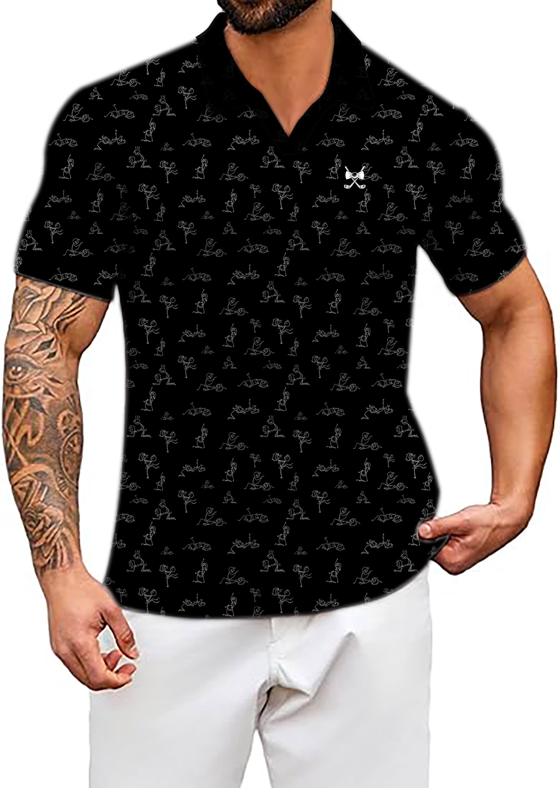 Men's Black Funny Kamasutra Figures V Neck Golf Polo Shirts