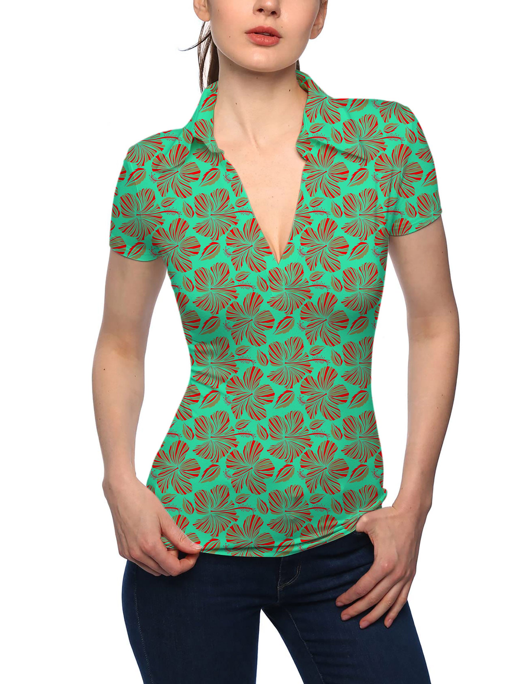 Women's GREEN FLOWERS V Neck Golf Polo