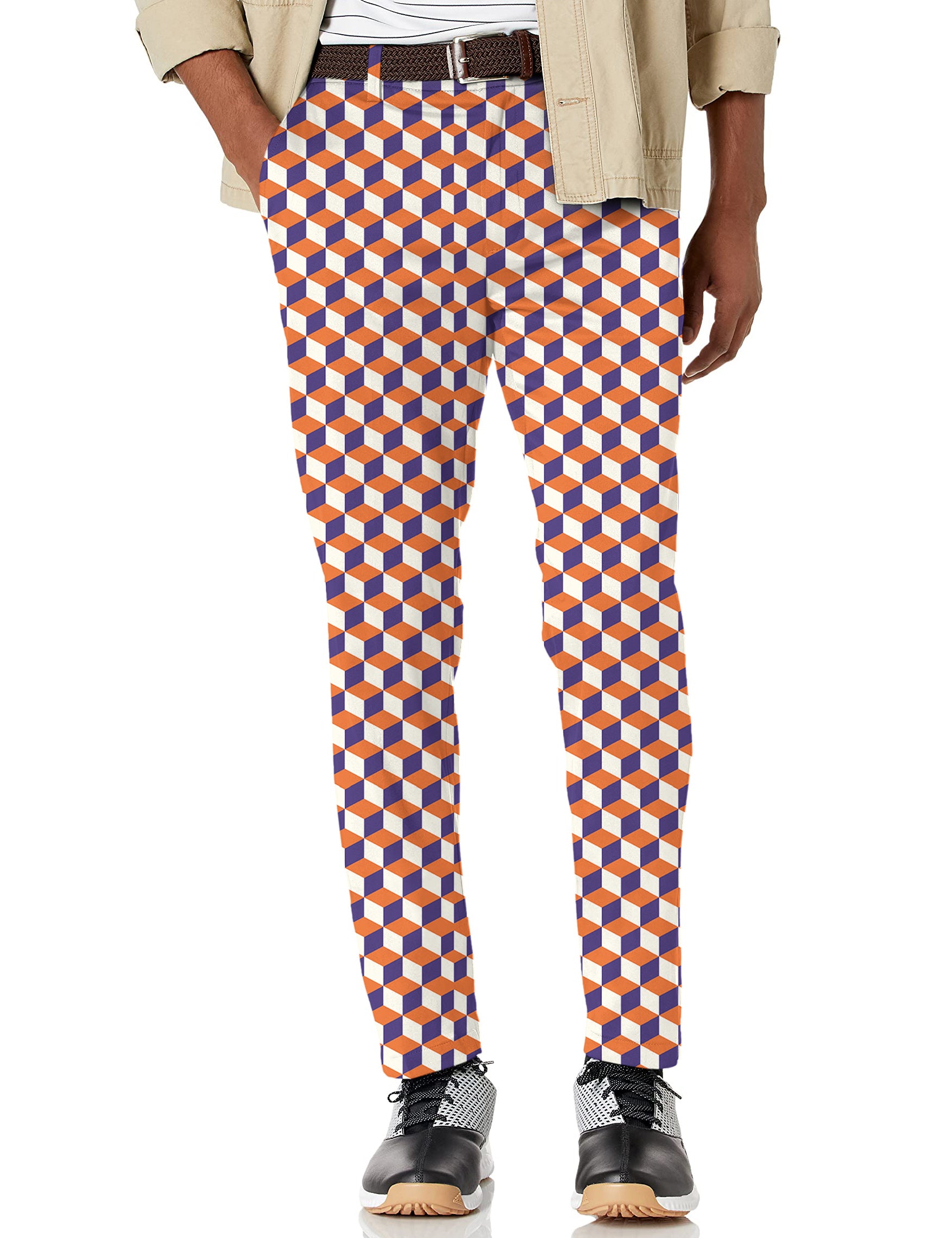 Men's orange  3d square box Stretch Golf Pants