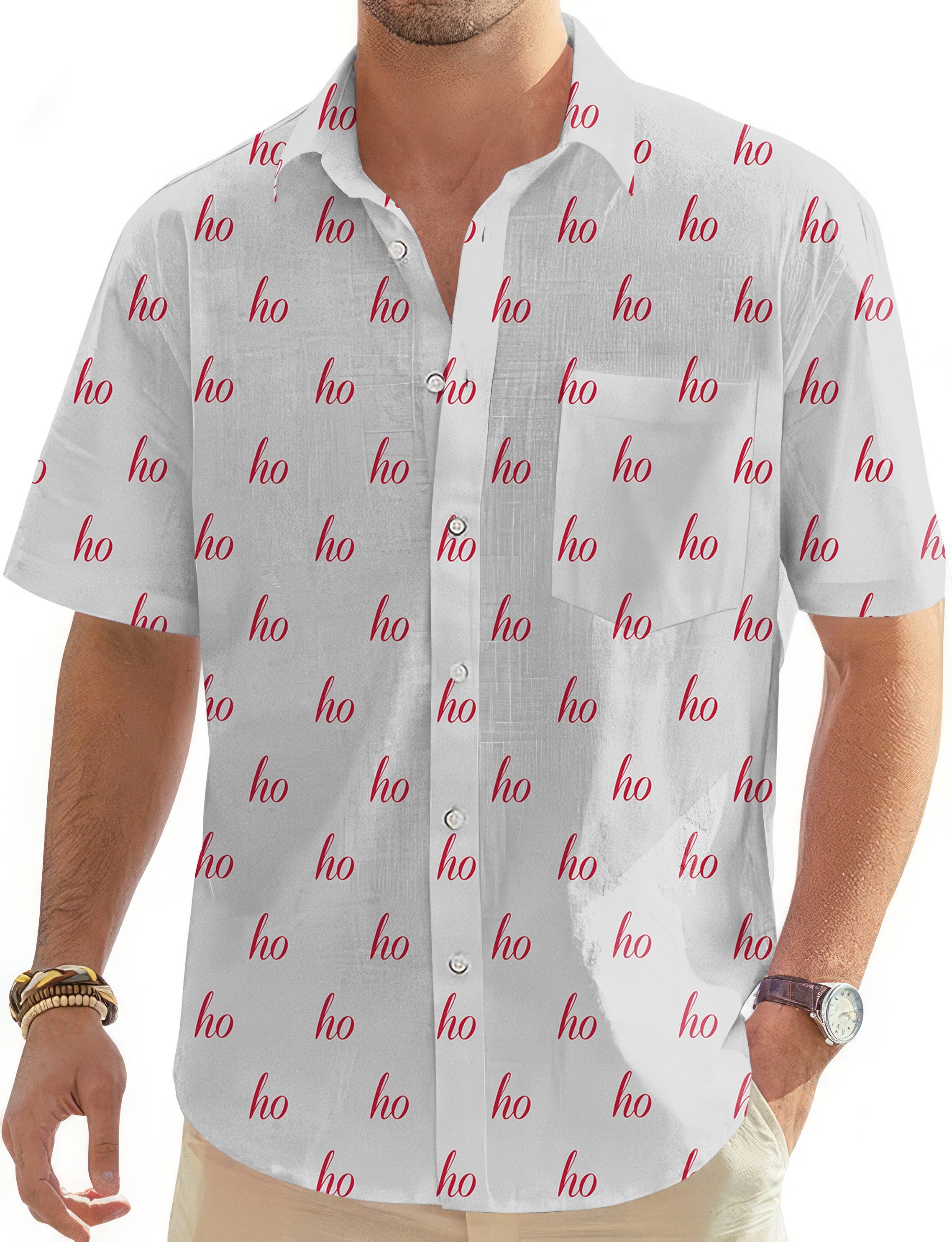 Grey custom name Christmas men's short sleeve button down Hawaiian golf shirt with red ho print