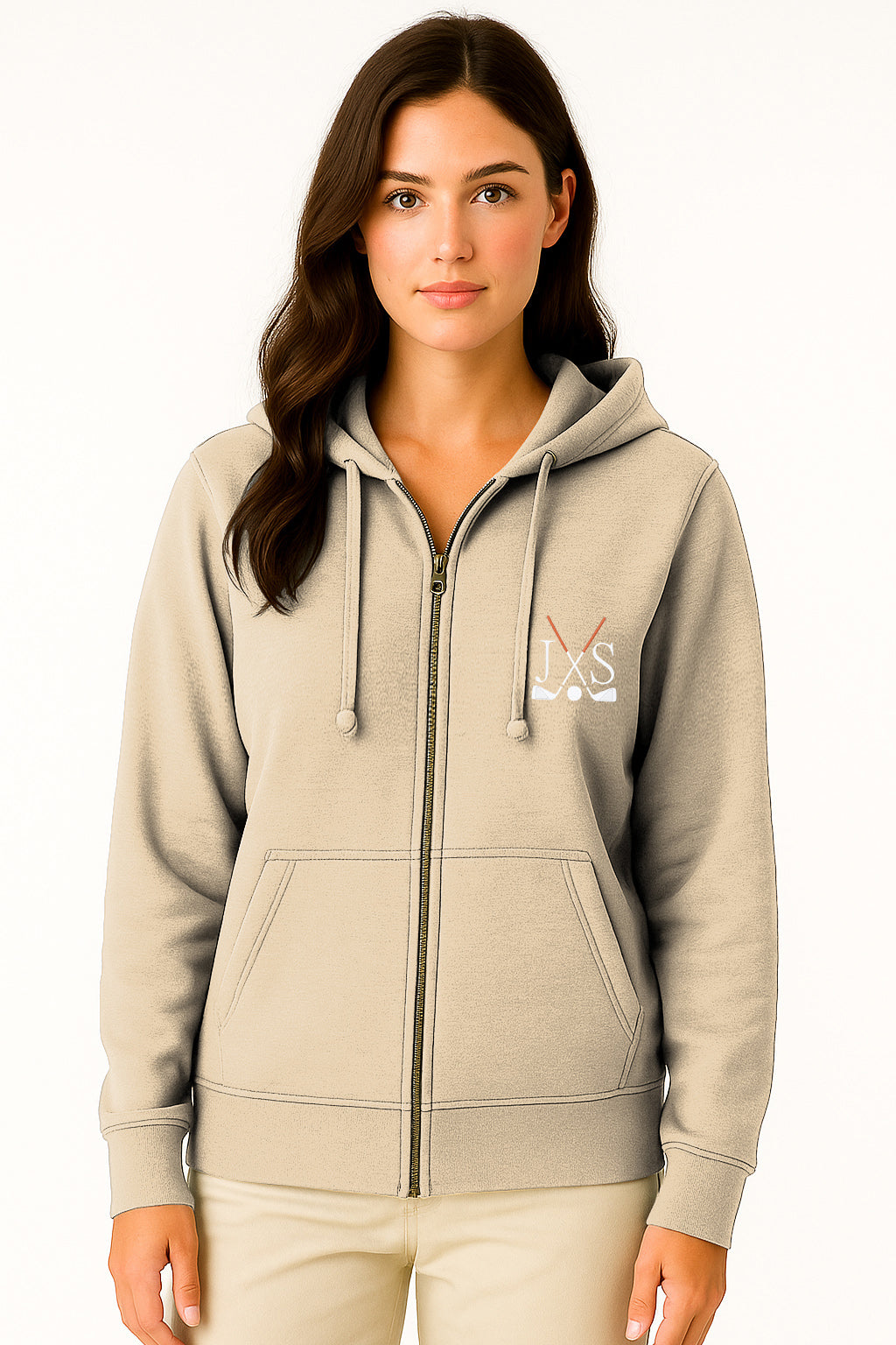 Plus size khaki hoodie with golf club embroidery and zipper closure