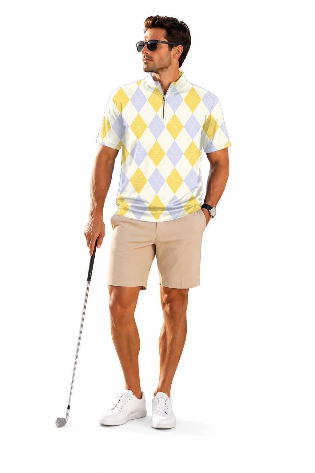 Men's Short Sleeve Quarter Zip Golf Pullover  Yollow Argyle Embroidery