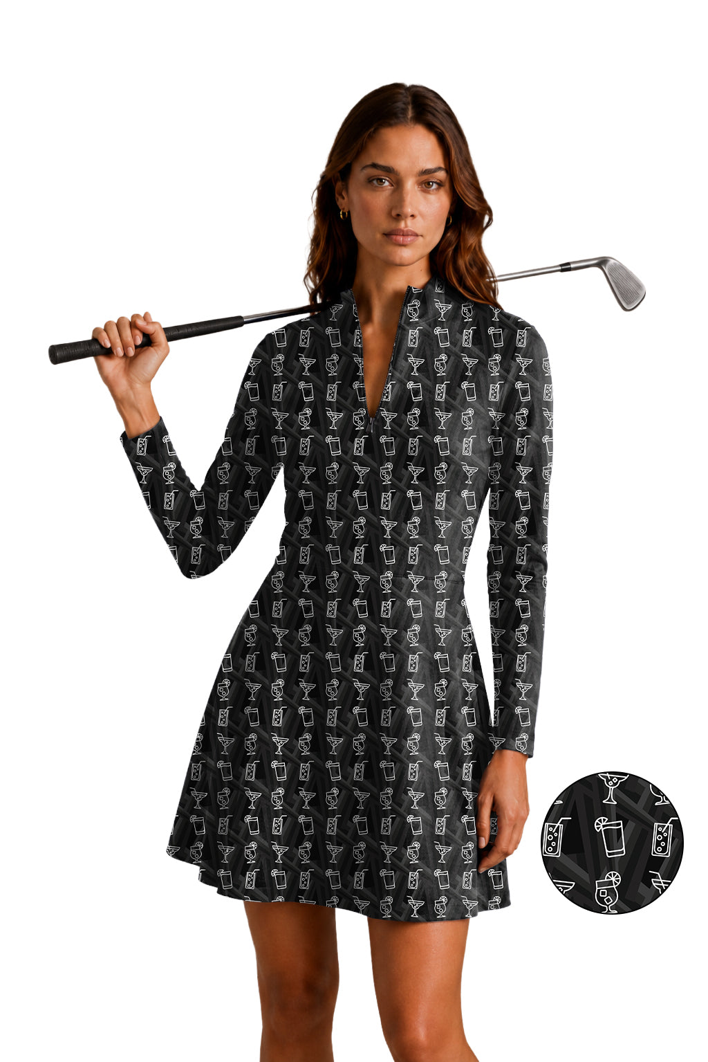 Cocktail drink Women's Golf Long Sleeve Zipper Dresses Comes with separate matching shorts