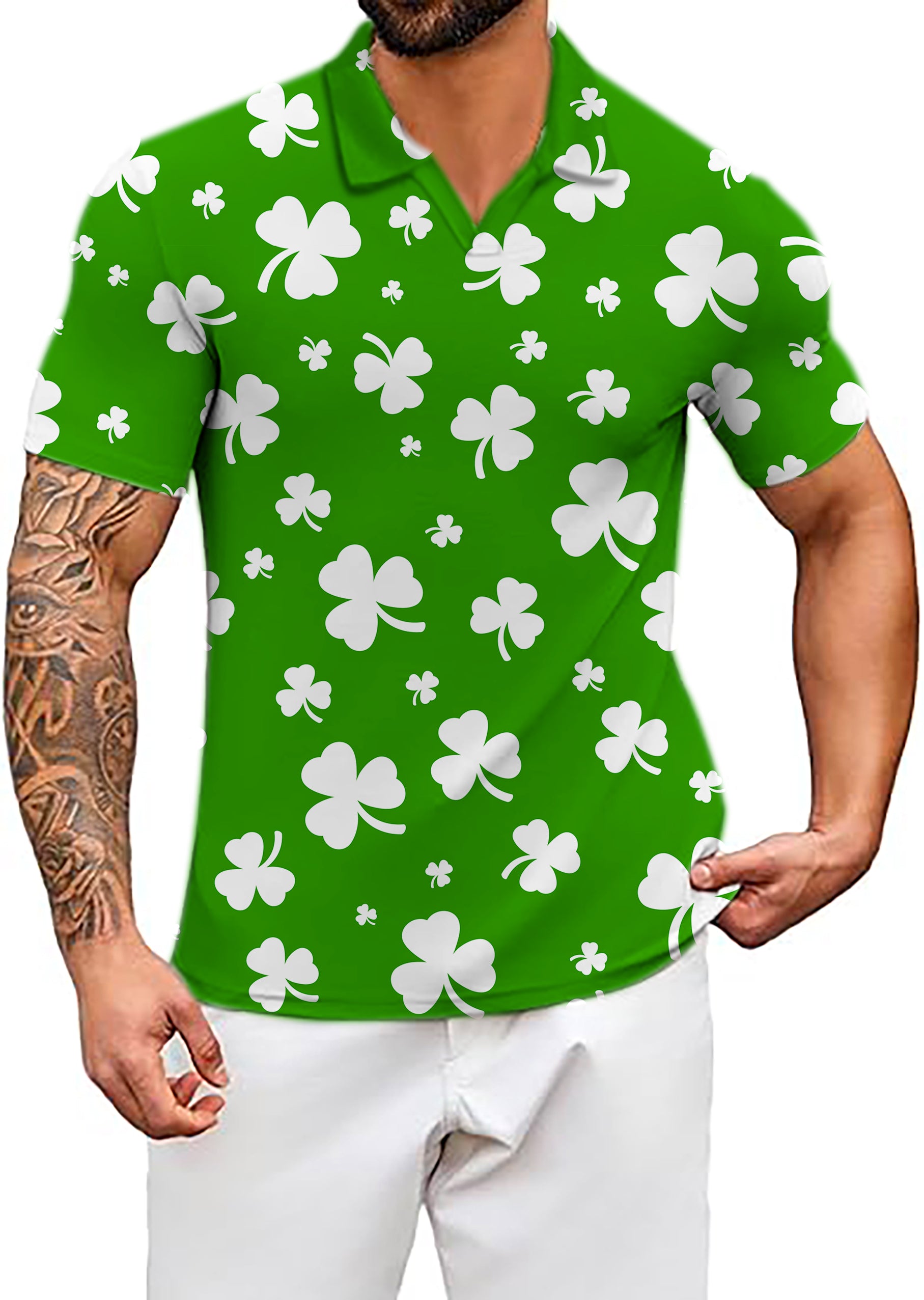 Men's Leaf clover St. Patrick's Day V Neck Golf Polo Shirts
