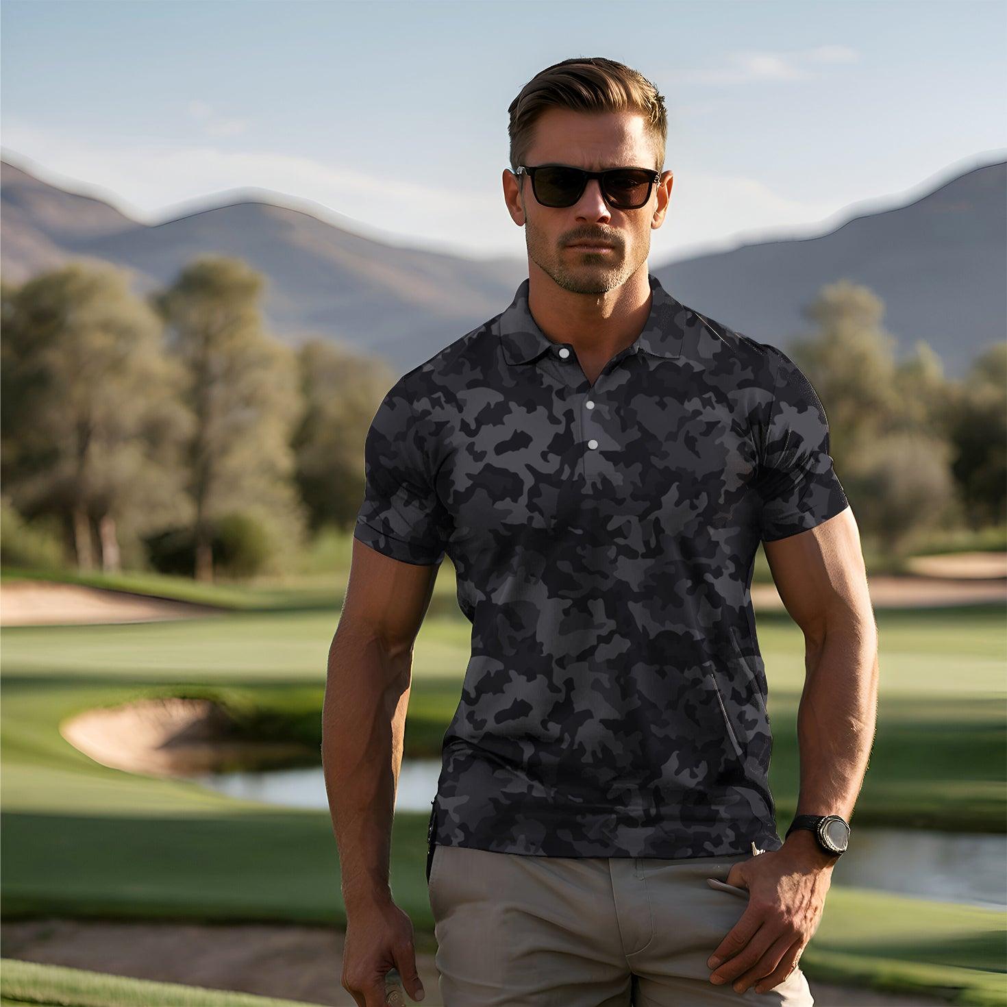 Men's Black camouflage golf polo