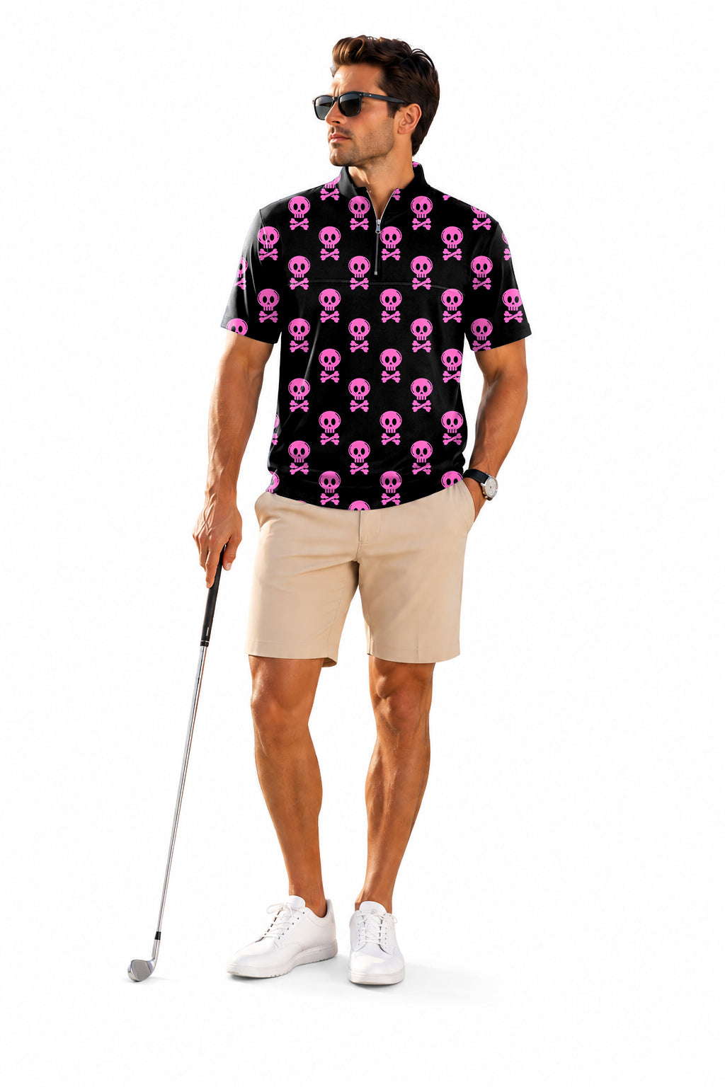 Men's Short Sleeve Quarter Zip Golf Pullover Halloween Punk Skull