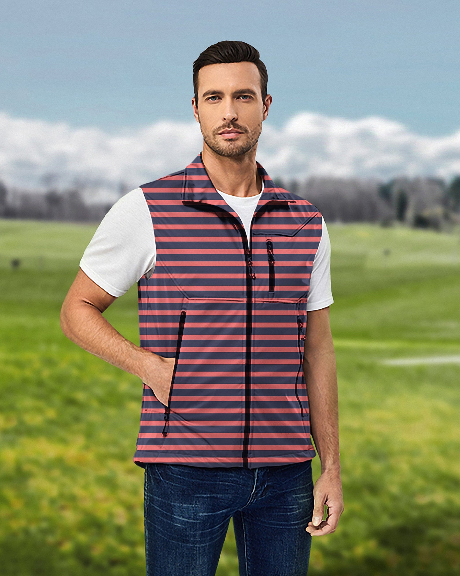 Men's Navy Red Stripes Lightweight Softshell Vest Sleeveless Jacket for Golf Windproof Waterproof