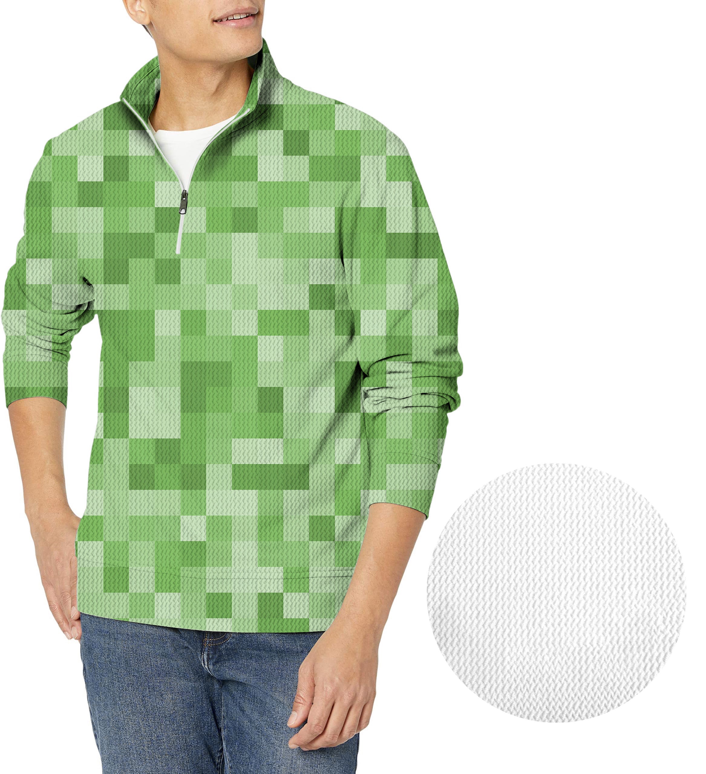 Light Green Pixel Big Men's Golf Waffle Zipper Pullover