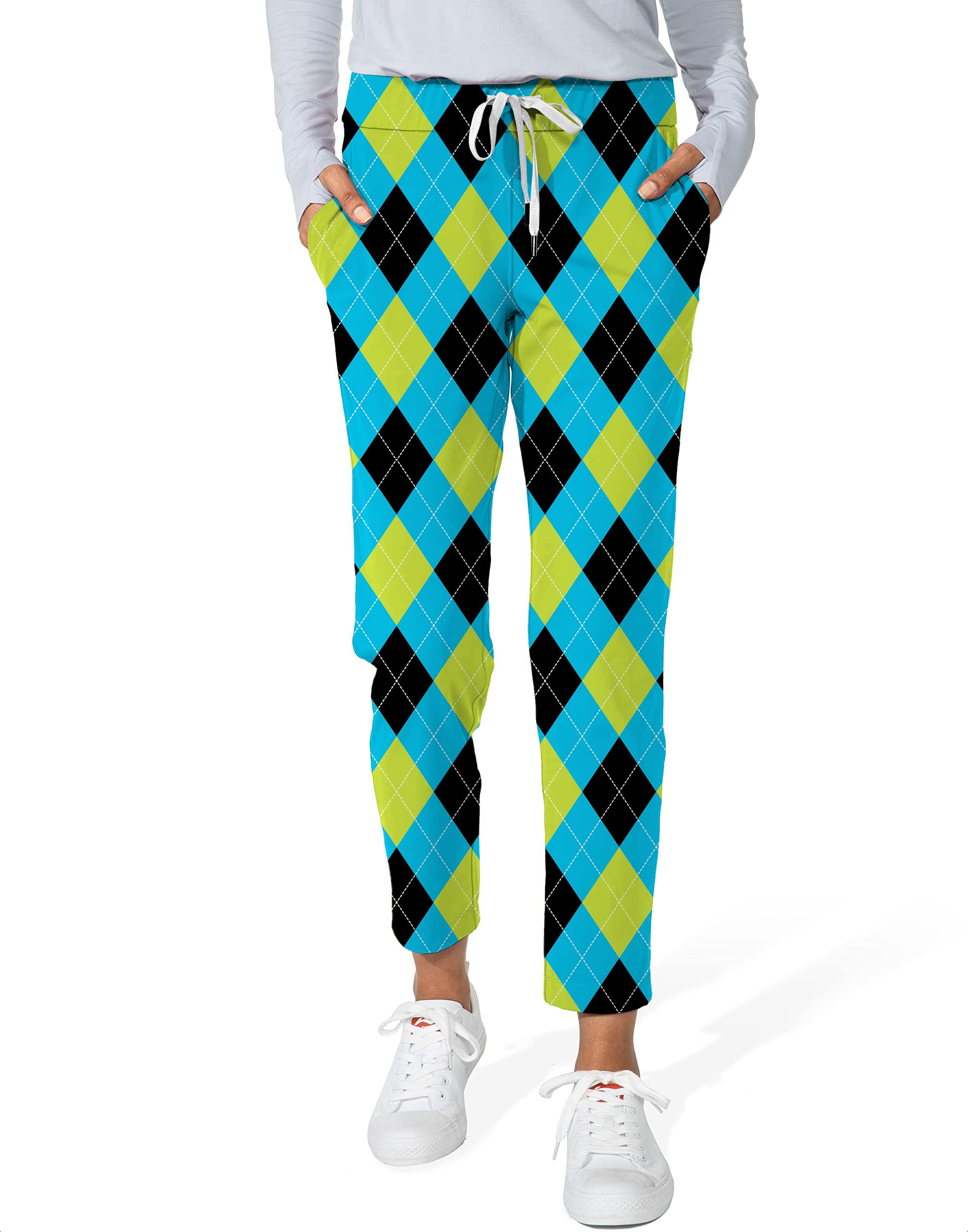 Halloween  Black Green Blue White Argyle Women's 7/8 Stretch Ankle Golf Pants