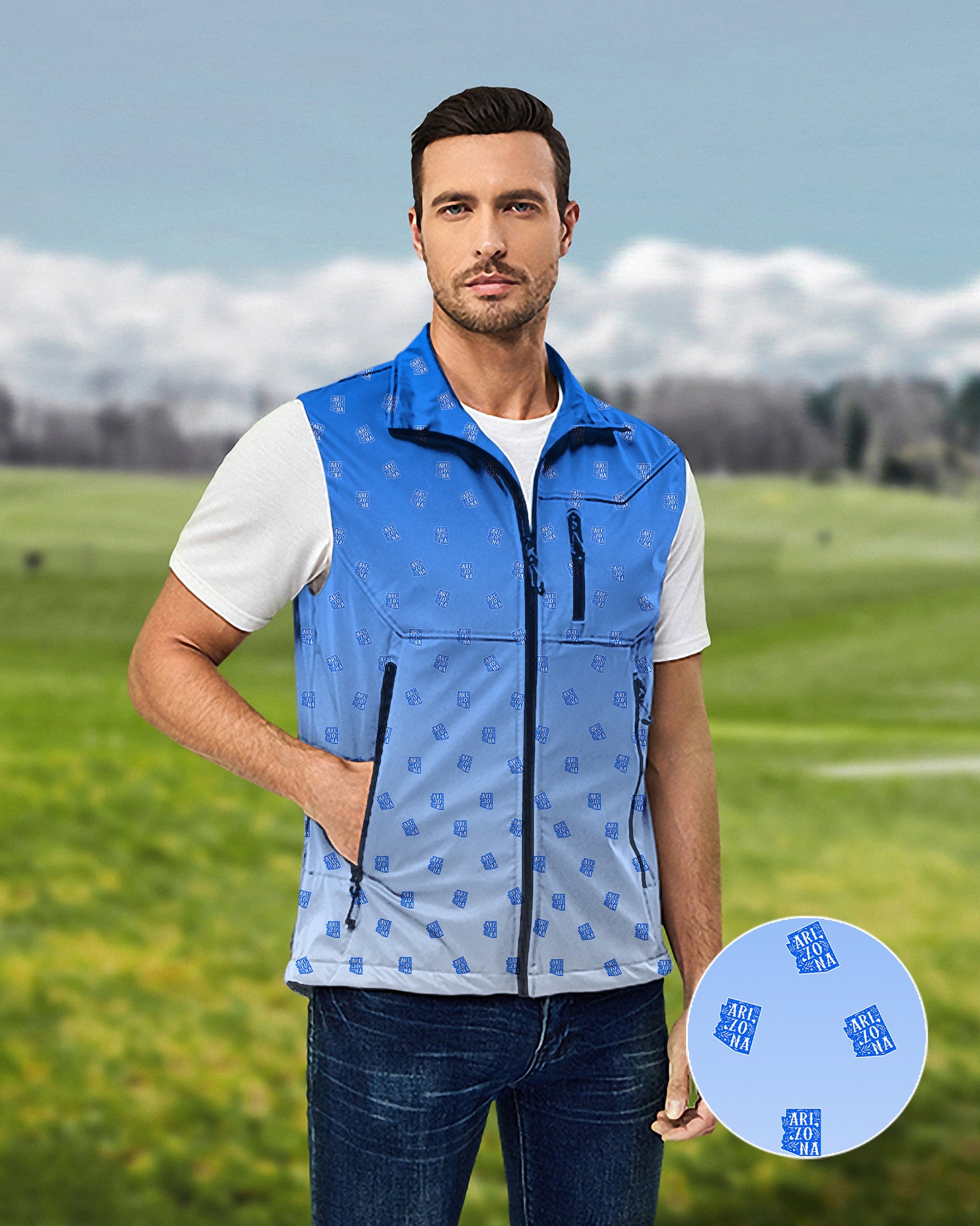 Men's Blue Arizona Lightweight Softshell Vest Sleeveless Jacket for Golf Windproof Waterproof