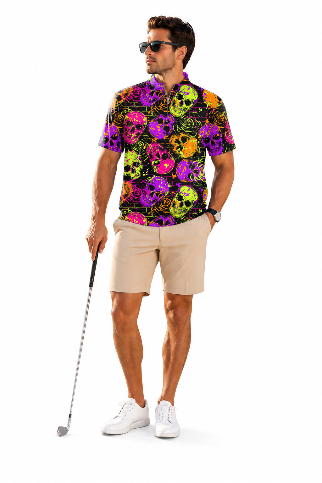 Men's Short Sleeve Quarter Zip Golf Pullover   Halloween Colors Skull Embroidery