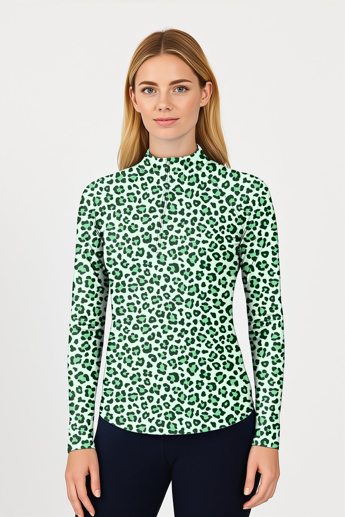 Green leopard print Women's Golf Active 3/4 Zipper Top Long Sleeves