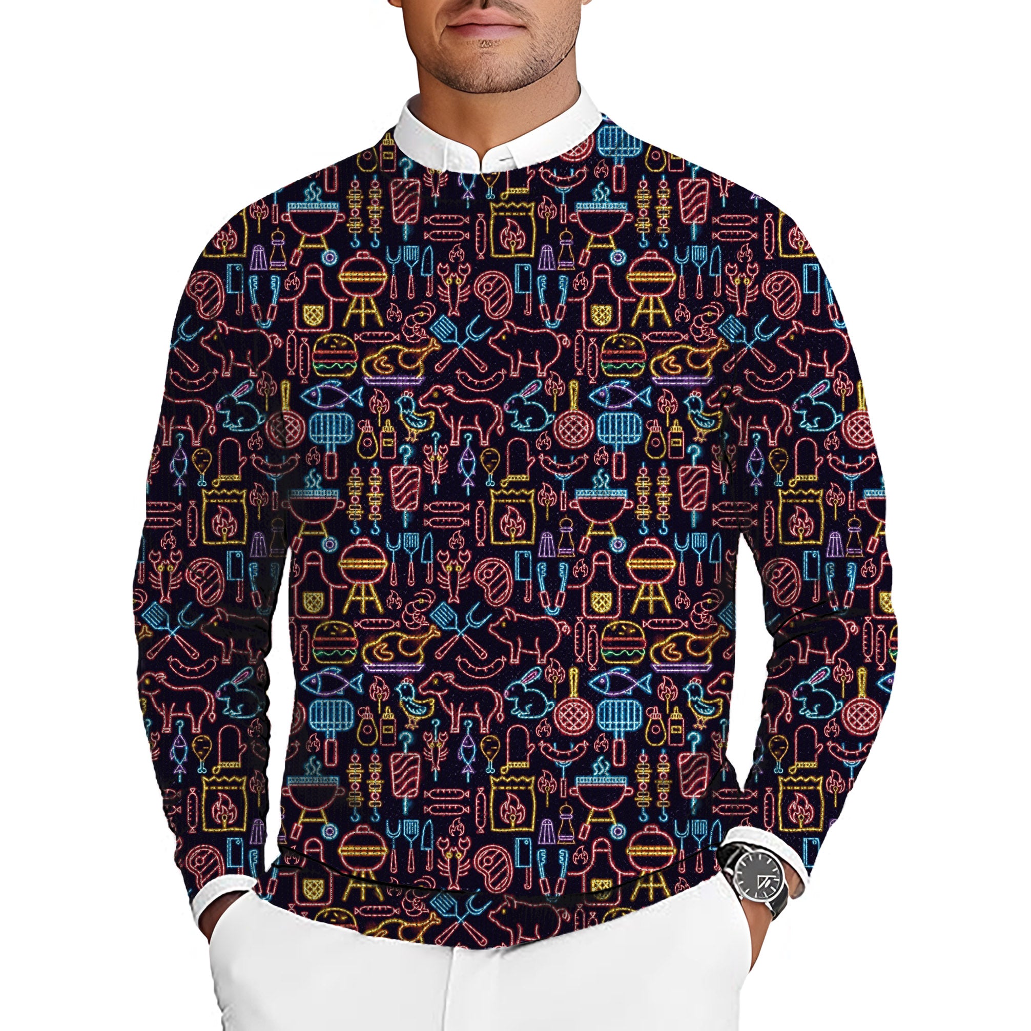 Neon bbq Men's Golf Crewneck Pullover Sweaters Ugly Sweater