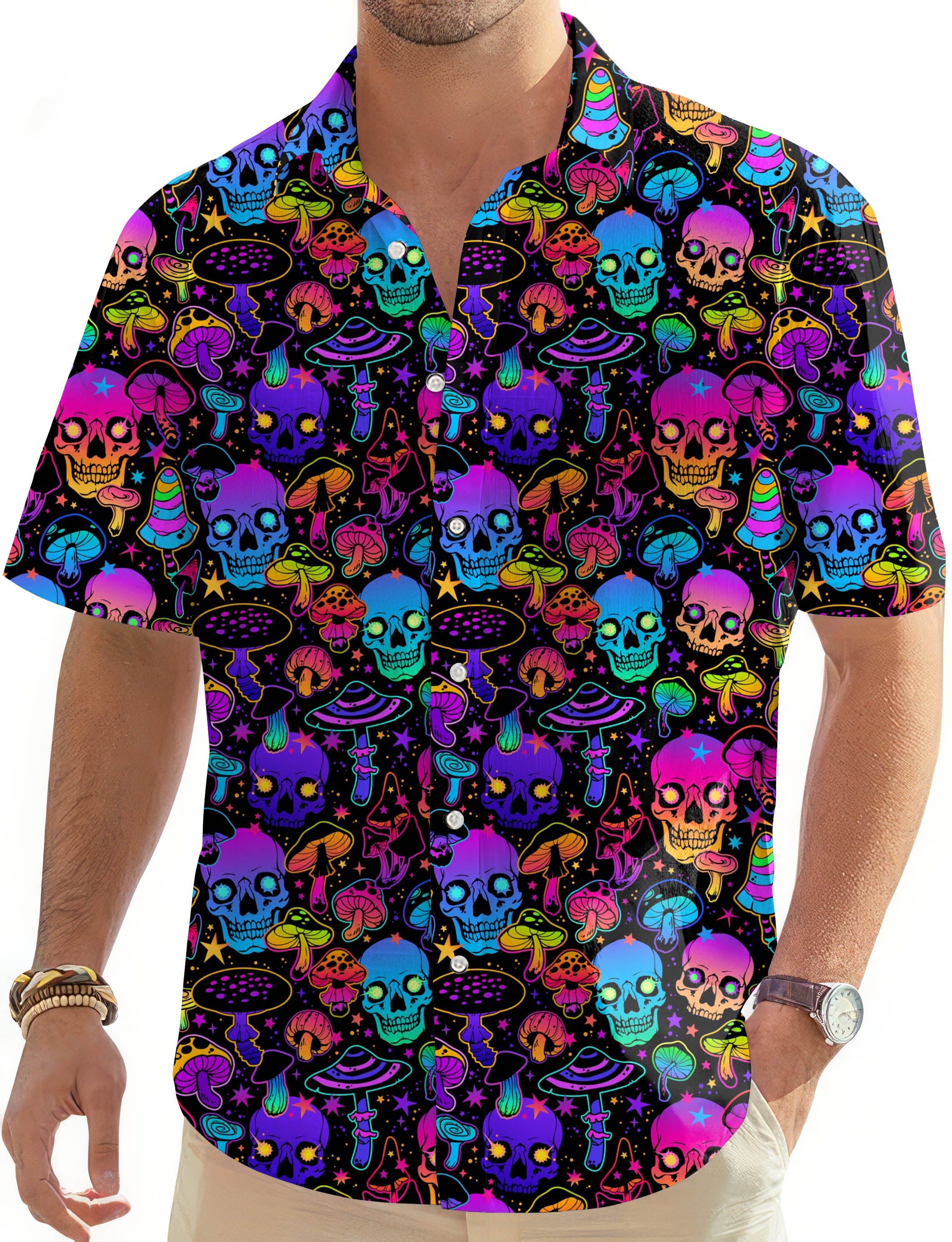 neon skull-Men's Golf Hawaiian Shirts Button Down Shirt