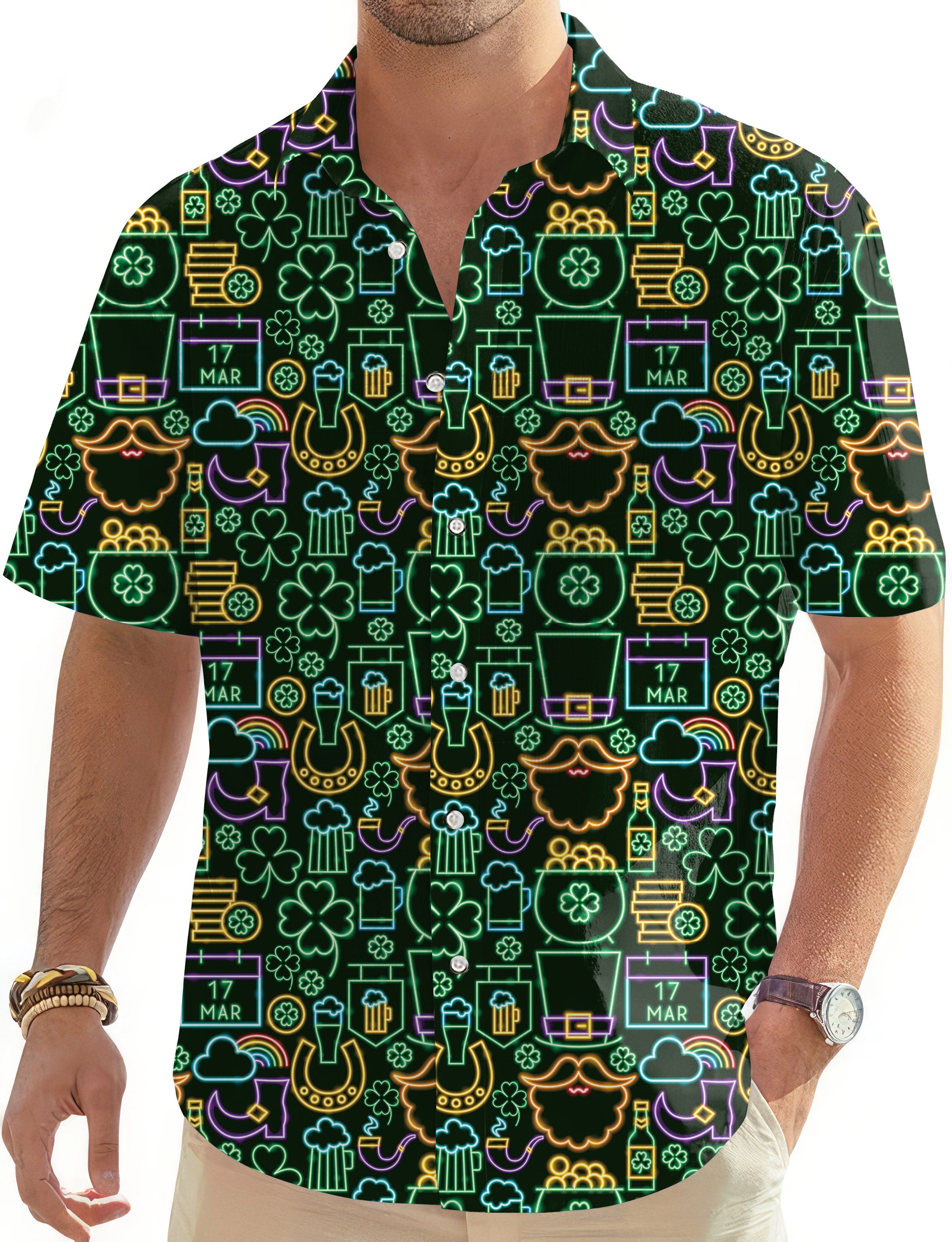 Neon Saint Pattys Party-Men's Golf Hawaiian Shirts Button Down Shirt