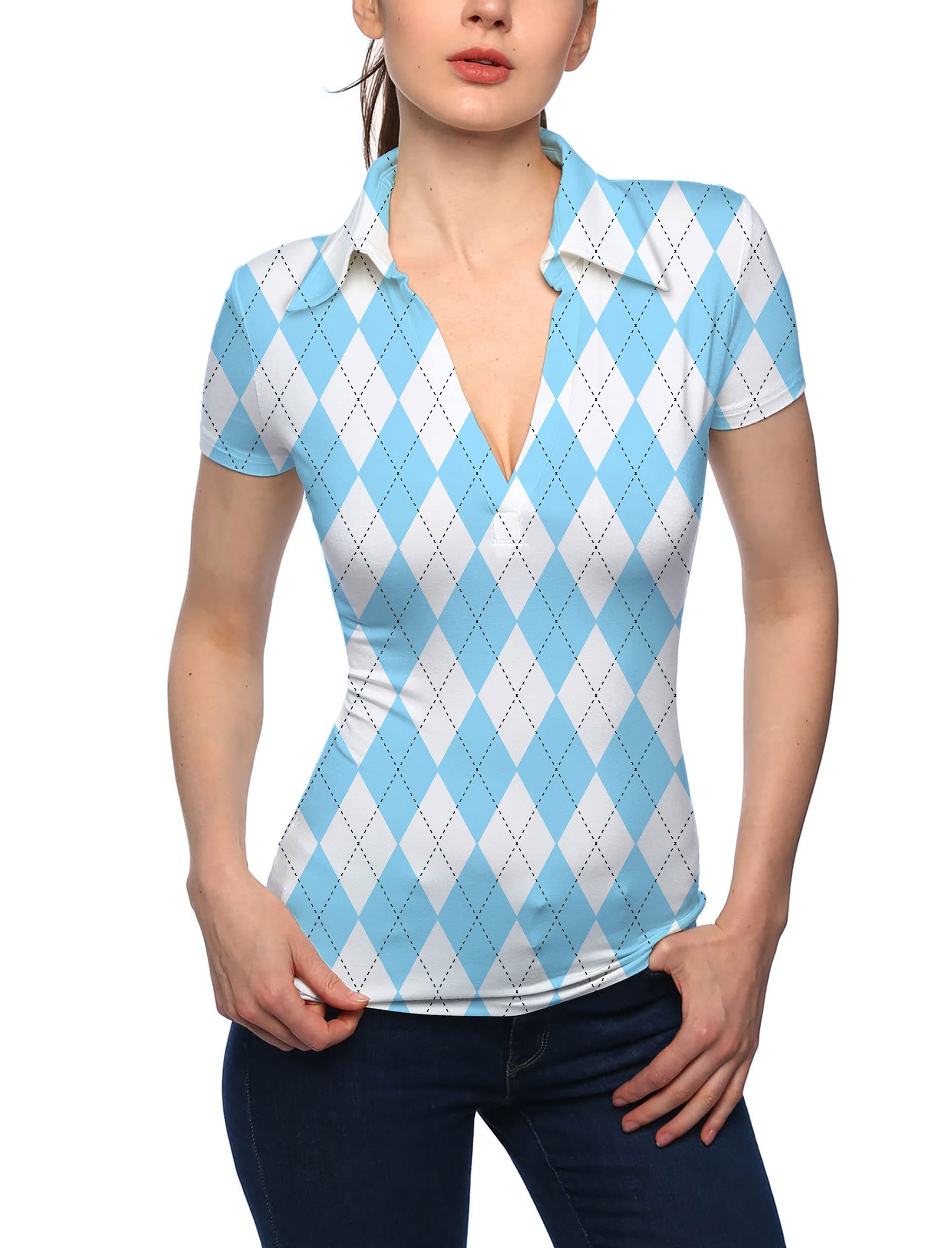 Women's Blue diamond grid V Neck Golf Polo